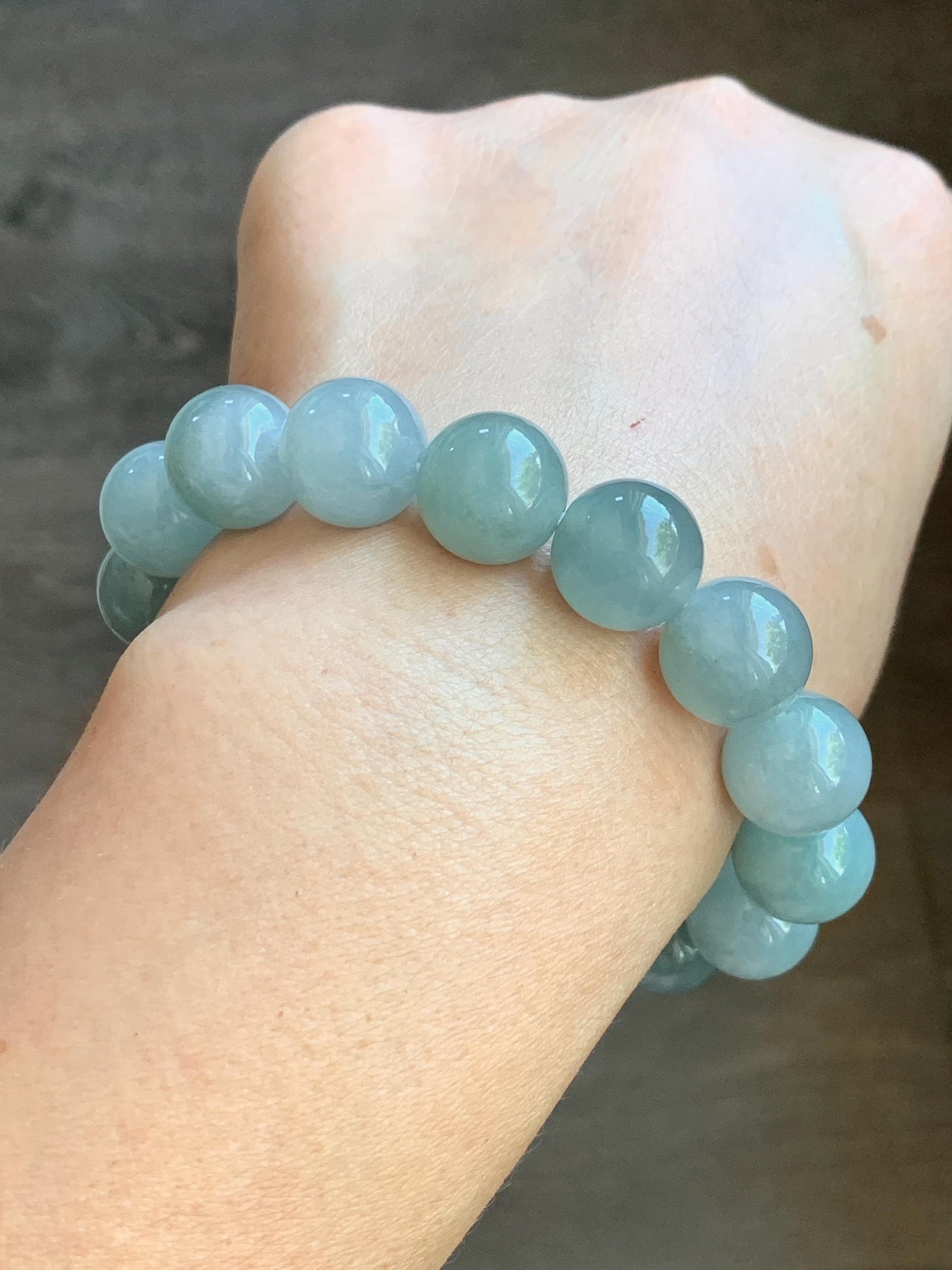 Large Natural Burmese Icy Translucent Gelatinous Dusty Blue Jadeite Beaded Bracelet Stretchy 12.5mm 7” 54g 天然缅甸冰淡蓝翡翠圆珠手串 DML66