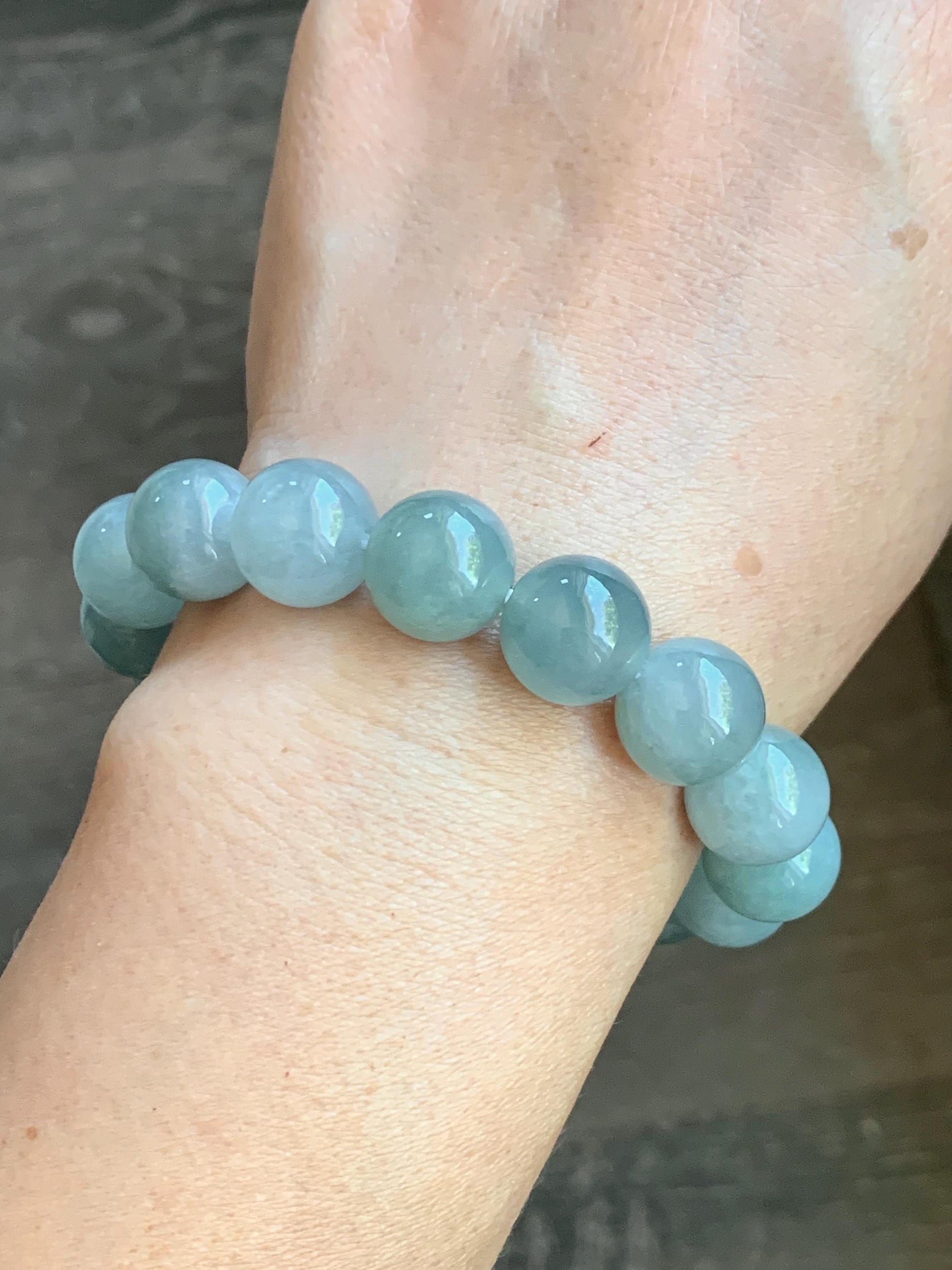Large Natural Burmese Icy Translucent Gelatinous Dusty Blue Jadeite Beaded Bracelet Stretchy 12.5mm 7” 54g 天然缅甸冰淡蓝翡翠圆珠手串 DML66