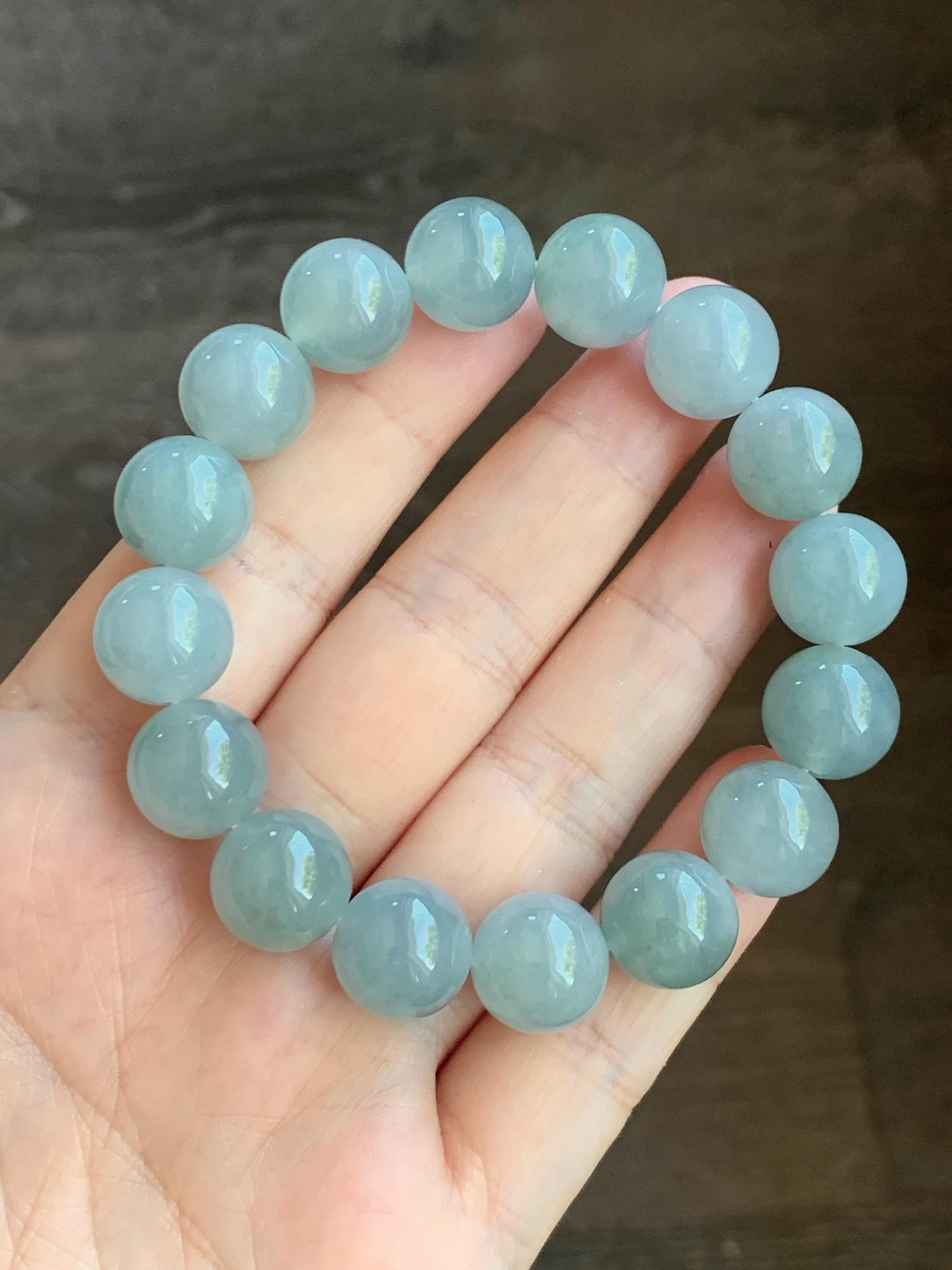 Large Natural Burmese Icy Translucent Gelatinous Dusty Blue Jadeite Beaded Bracelet Stretchy 12.5mm 7” 54g 天然缅甸冰淡蓝翡翠圆珠手串 DML66