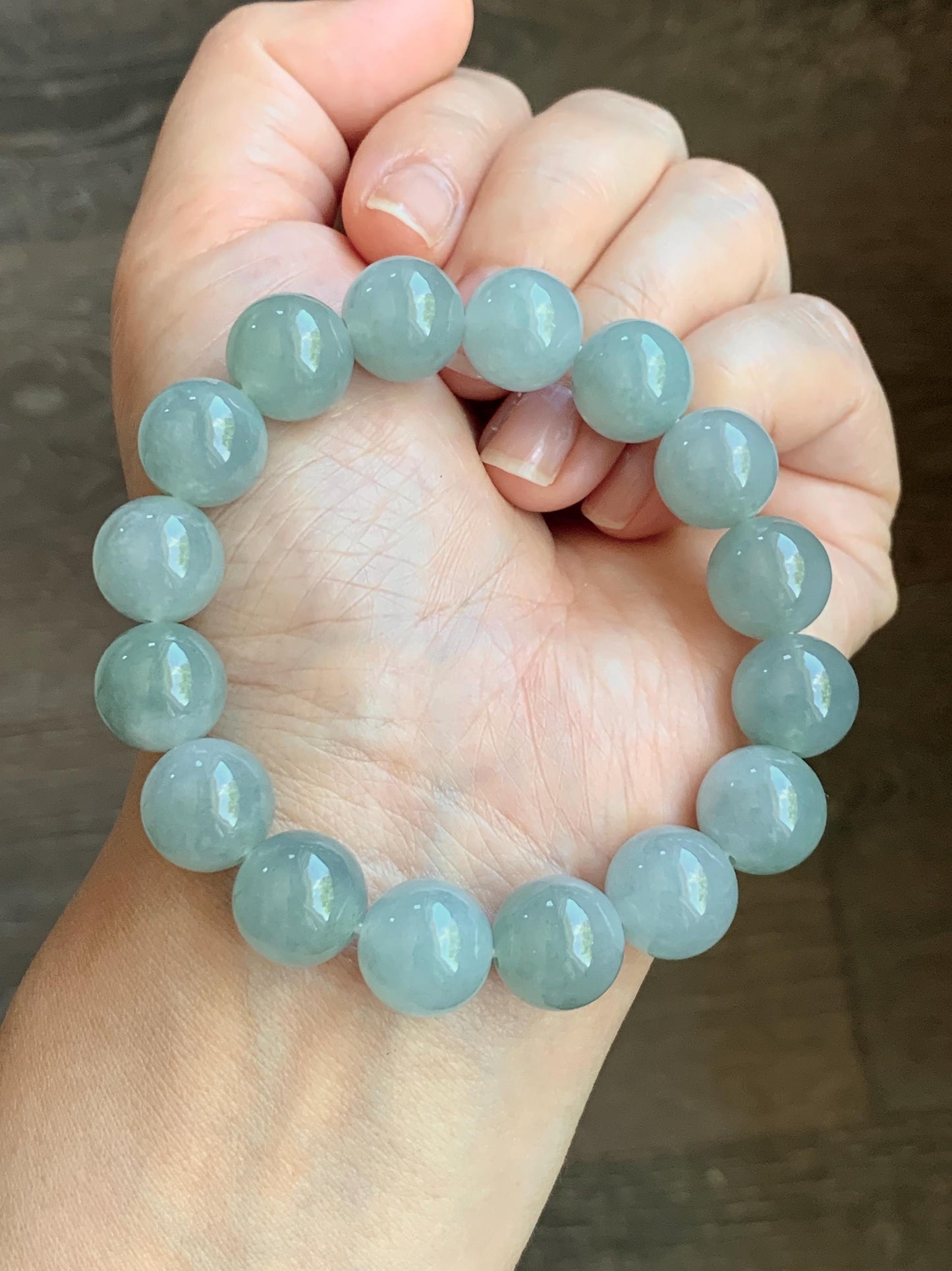 Large Natural Burmese Icy Translucent Gelatinous Dusty Blue Jadeite Beaded Bracelet Stretchy 12.5mm 7” 54g 天然缅甸冰淡蓝翡翠圆珠手串 DML66