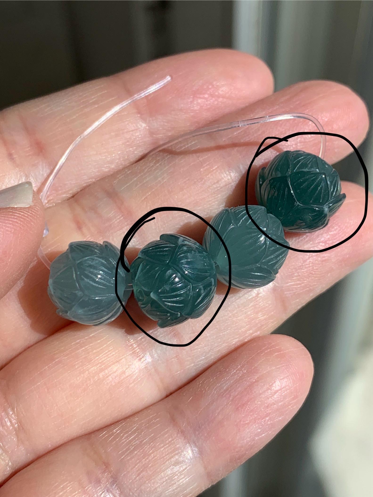 Natural Guatemalan Grade A Jadeite Icy Translucent Dark Teal Blue Lotus Beads set of 2 11.7mm 11.9mm