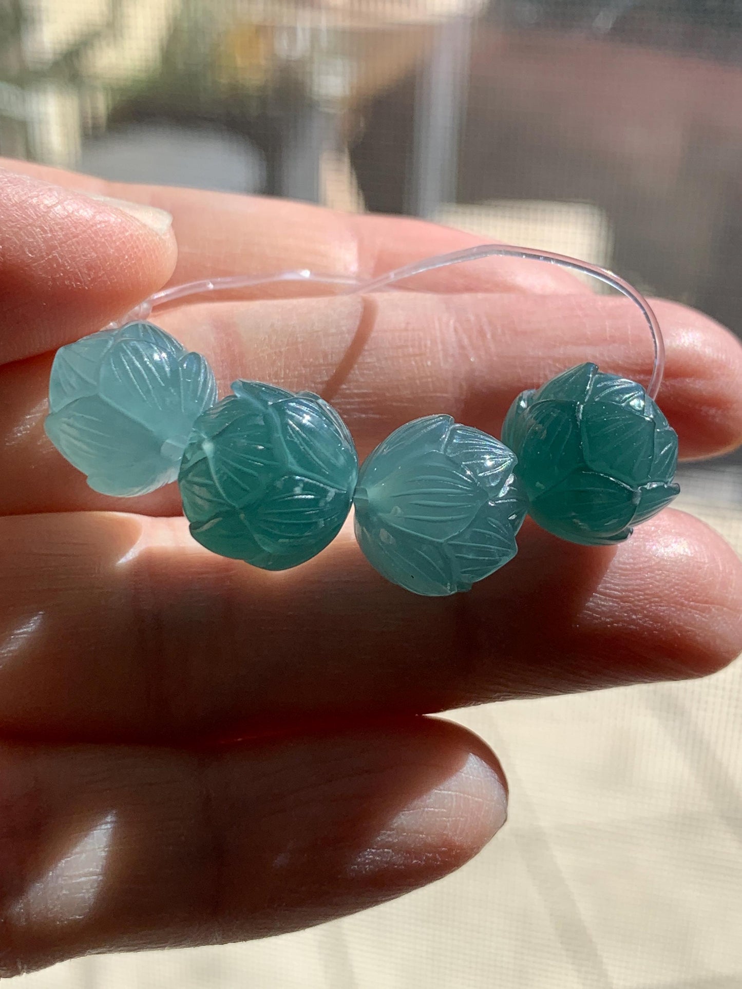 Natural Guatemalan Grade A Jadeite Icy Translucent Dark Teal Blue Lotus Beads set of 2 11.7mm 11.9mm