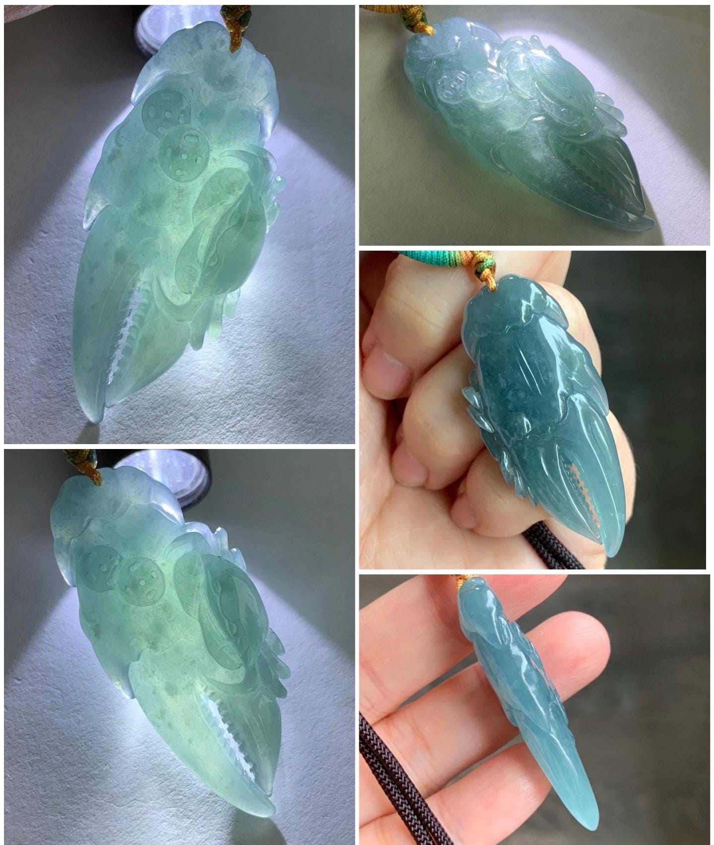 Certified Natural Guatemalan Icy Translucent Dusty Dark Teal Blue Jadeite Carved Money Crab Claw Pendant Rope Necklace 天然冰危蓝翡翠精雕蟹钳吊坠 6938