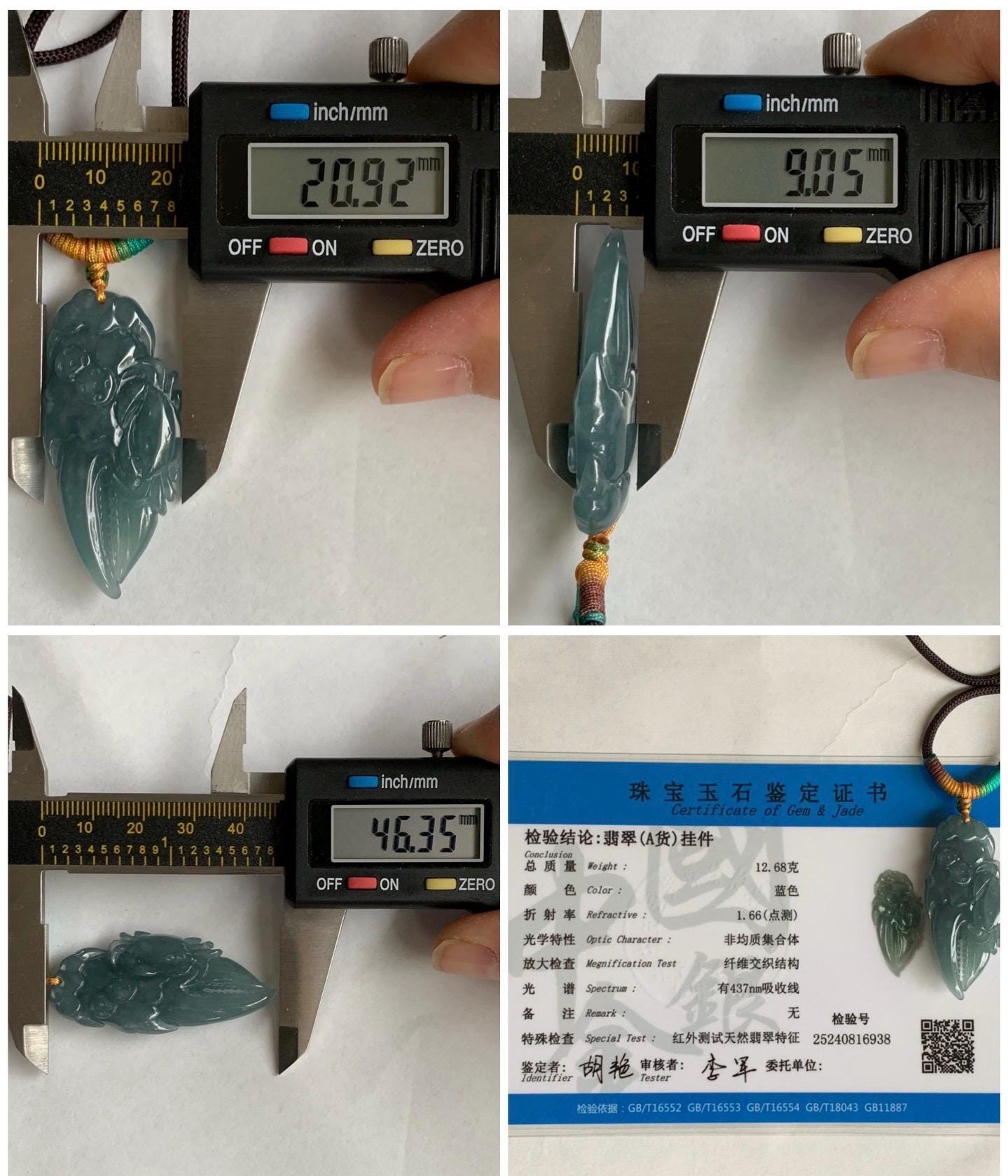 Certified Natural Guatemalan Icy Translucent Dusty Dark Teal Blue Jadeite Carved Money Crab Claw Pendant Rope Necklace 天然冰危蓝翡翠精雕蟹钳吊坠 6938