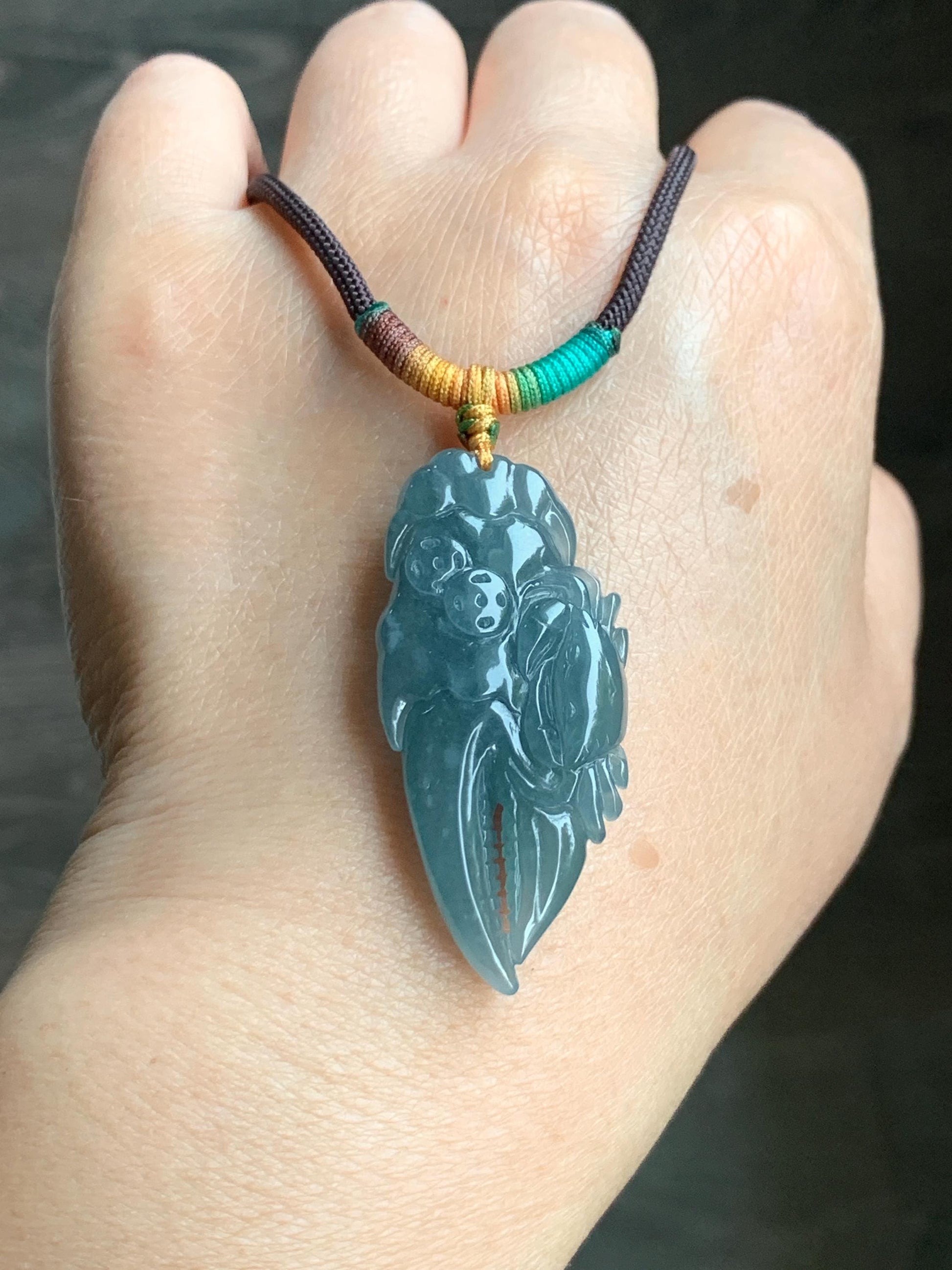 Certified Natural Guatemalan Icy Translucent Dusty Dark Teal Blue Jadeite Carved Money Crab Claw Pendant Rope Necklace 天然冰危蓝翡翠精雕蟹钳吊坠 6938