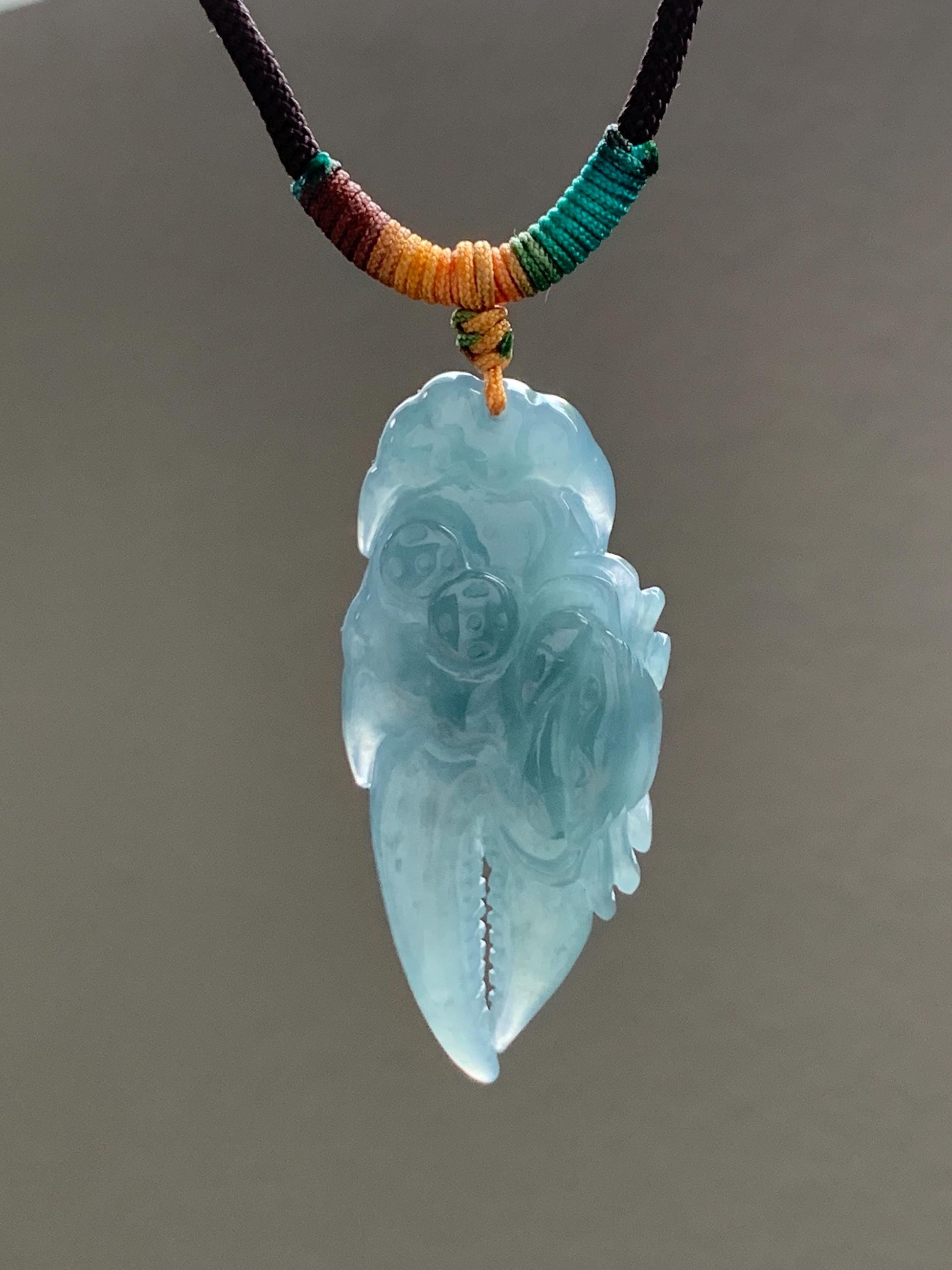 Certified Natural Guatemalan Icy Translucent Dusty Dark Teal Blue Jadeite Carved Money Crab Claw Pendant Rope Necklace 天然冰危蓝翡翠精雕蟹钳吊坠 6938