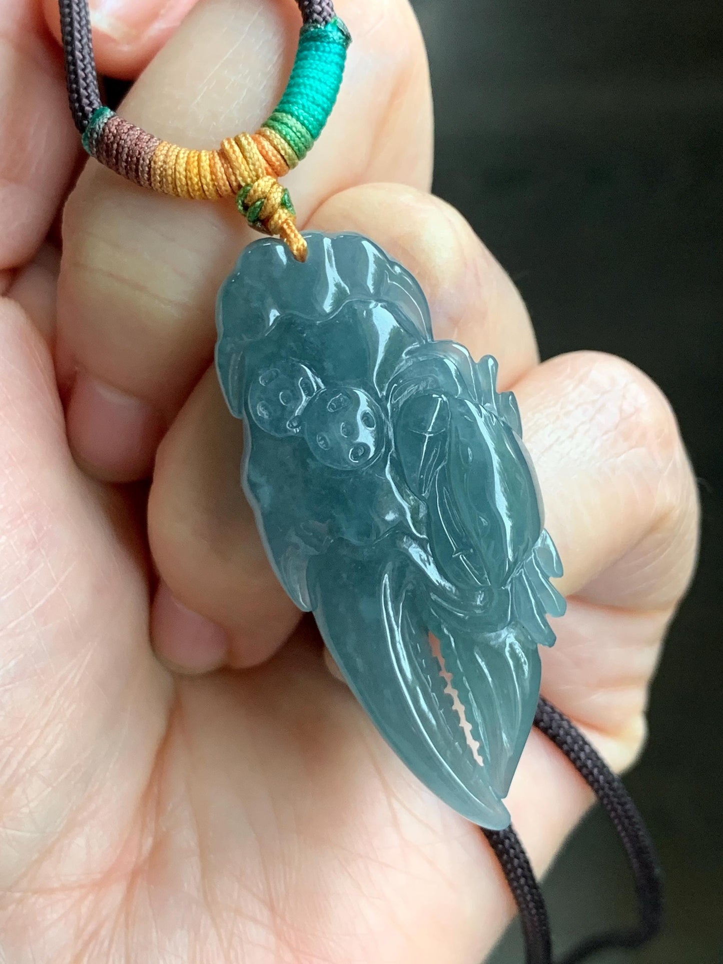 Certified Natural Guatemalan Icy Translucent Dusty Dark Teal Blue Jadeite Carved Money Crab Claw Pendant Rope Necklace 天然冰危蓝翡翠精雕蟹钳吊坠 6938