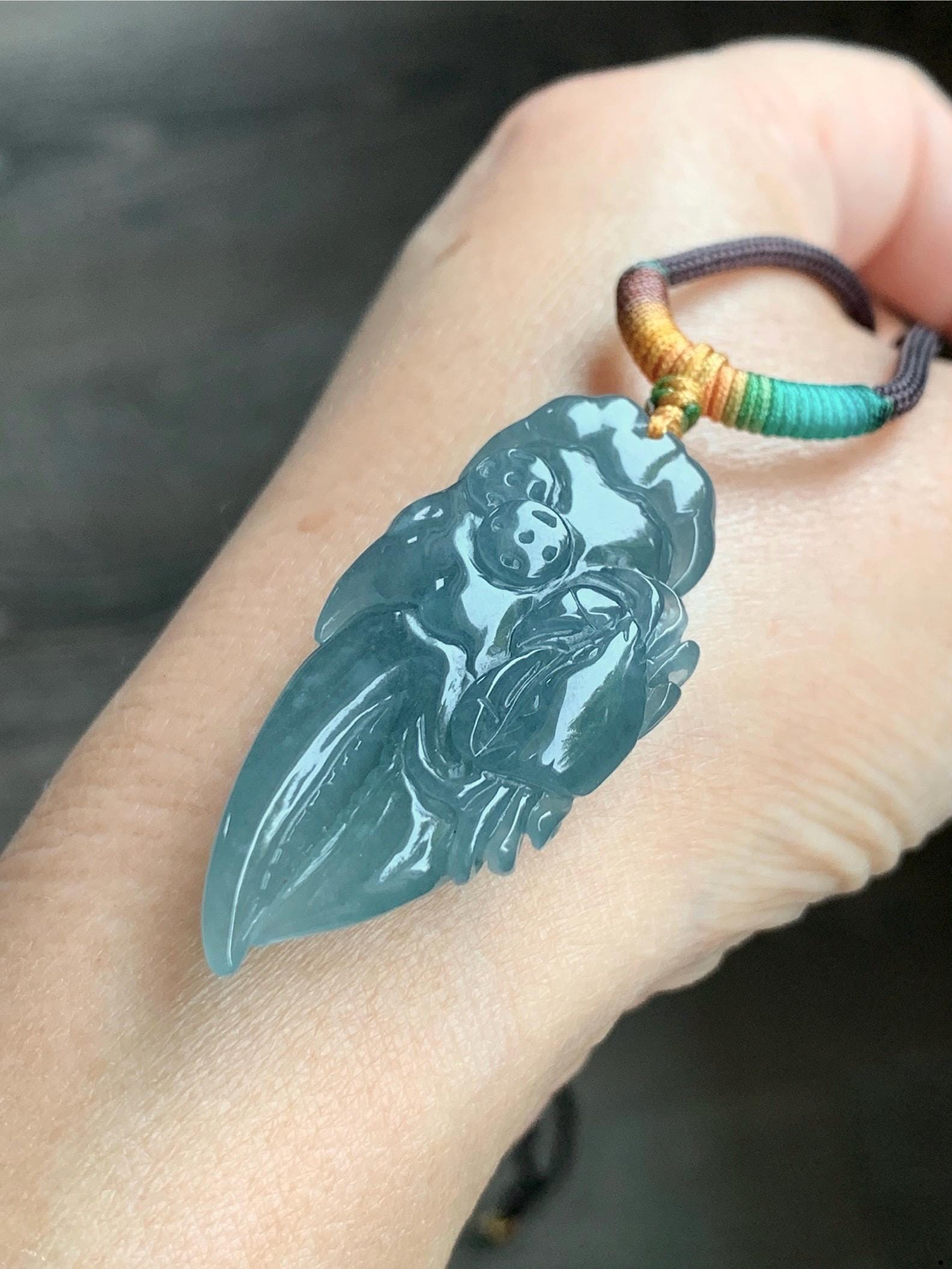 Certified Natural Guatemalan Icy Translucent Dusty Dark Teal Blue Jadeite Carved Money Crab Claw Pendant Rope Necklace 天然冰危蓝翡翠精雕蟹钳吊坠 6938