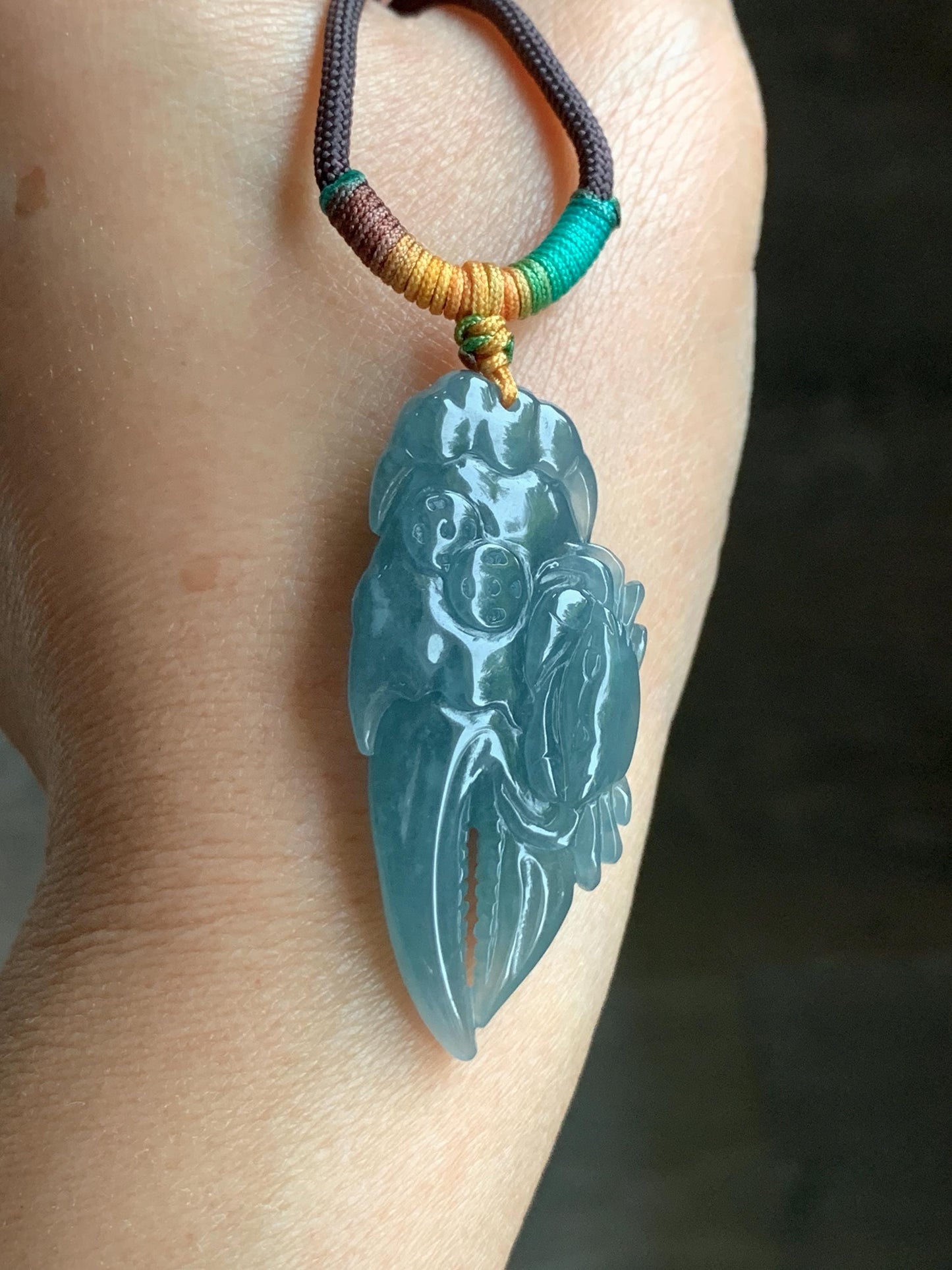 Certified Natural Guatemalan Icy Translucent Dusty Dark Teal Blue Jadeite Carved Money Crab Claw Pendant Rope Necklace 天然冰危蓝翡翠精雕蟹钳吊坠 6938