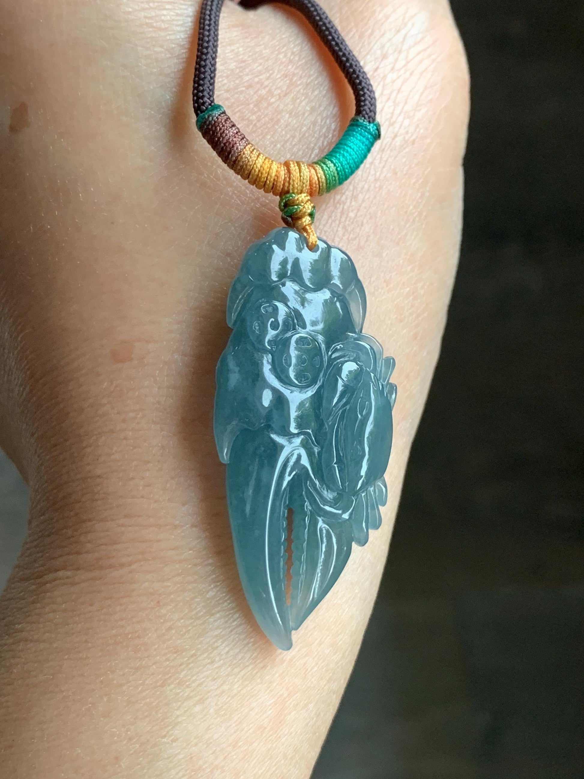 Certified Natural Guatemalan Icy Translucent Dusty Dark Teal Blue Jadeite Carved Money Crab Claw Pendant Rope Necklace 天然冰危蓝翡翠精雕蟹钳吊坠 6938