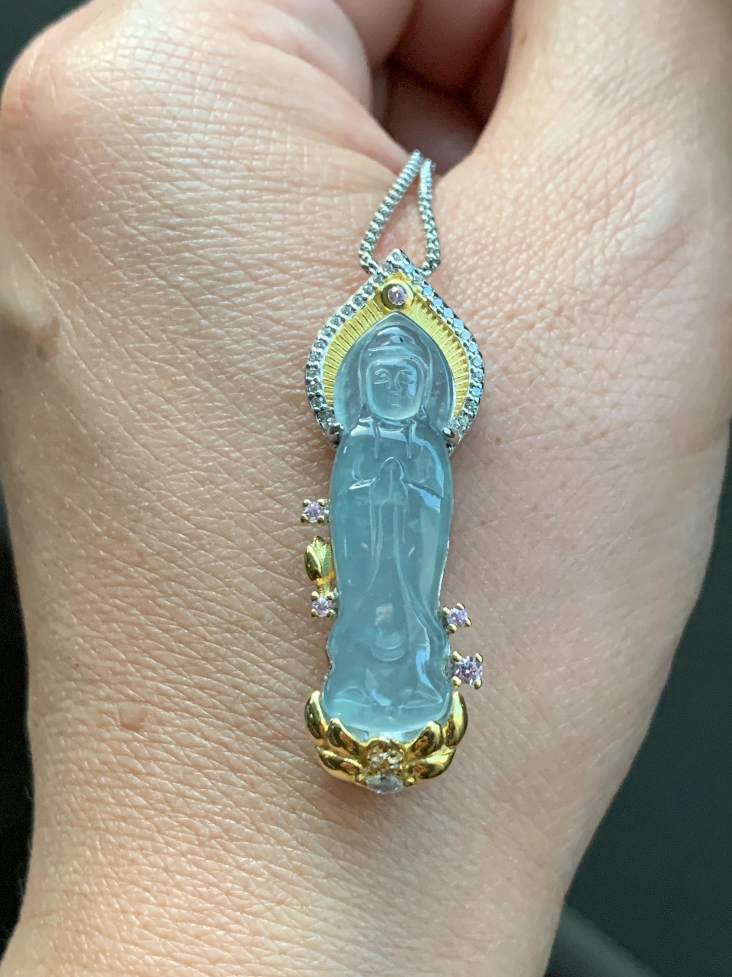 Certified Natural Guatemalan Icy Highly Translucent Gelatinous Light Blue Jadeite Guanyin Pendant Sterling Silver 6.9g 天然冰胶危淡蓝翡翠观音镶嵌吊坠 6891