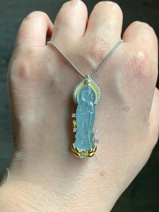 Certified Natural Guatemalan Icy Highly Translucent Gelatinous Light Blue Jadeite Guanyin Pendant Sterling Silver 6.9g 天然冰胶危淡蓝翡翠观音镶嵌吊坠 6891