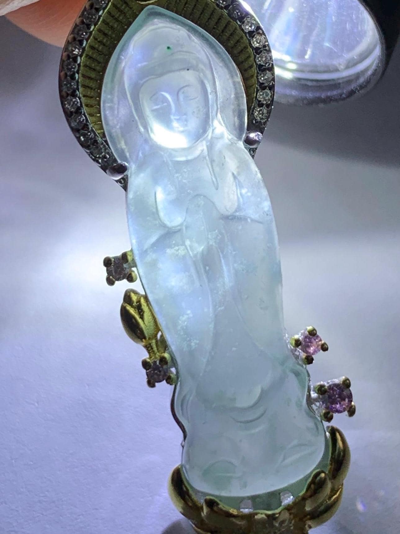 Certified Natural Guatemalan Icy Highly Translucent Gelatinous Light Blue Jadeite Guanyin Pendant Sterling Silver 6.9g 天然冰胶危淡蓝翡翠观音镶嵌吊坠 6891