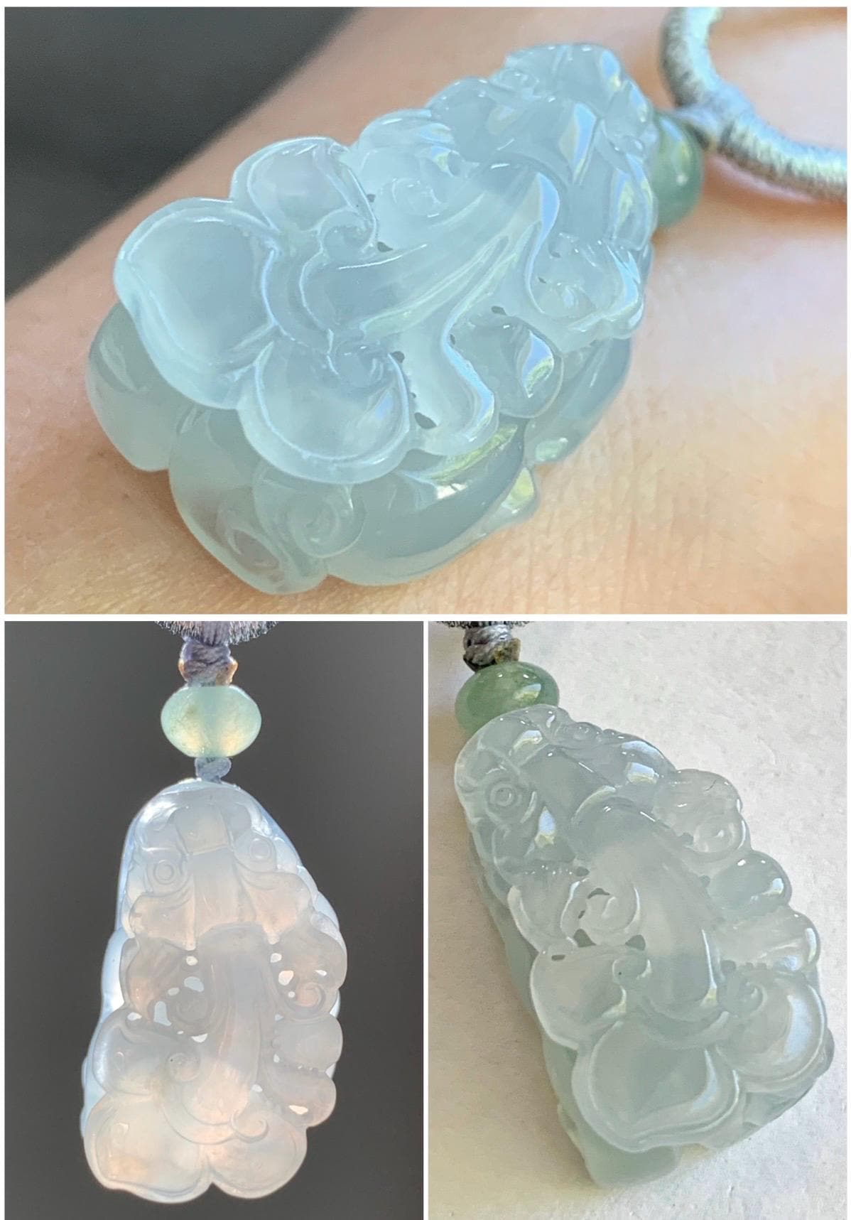 Certified Natural Burmese Premium Icy Translucent Gelatinous Light Blue Jadeite Pixiu Pendant Necklace Sterling Silver 天然缅甸老种冰胶淡蓝翡翠貔貅吊坠 6926