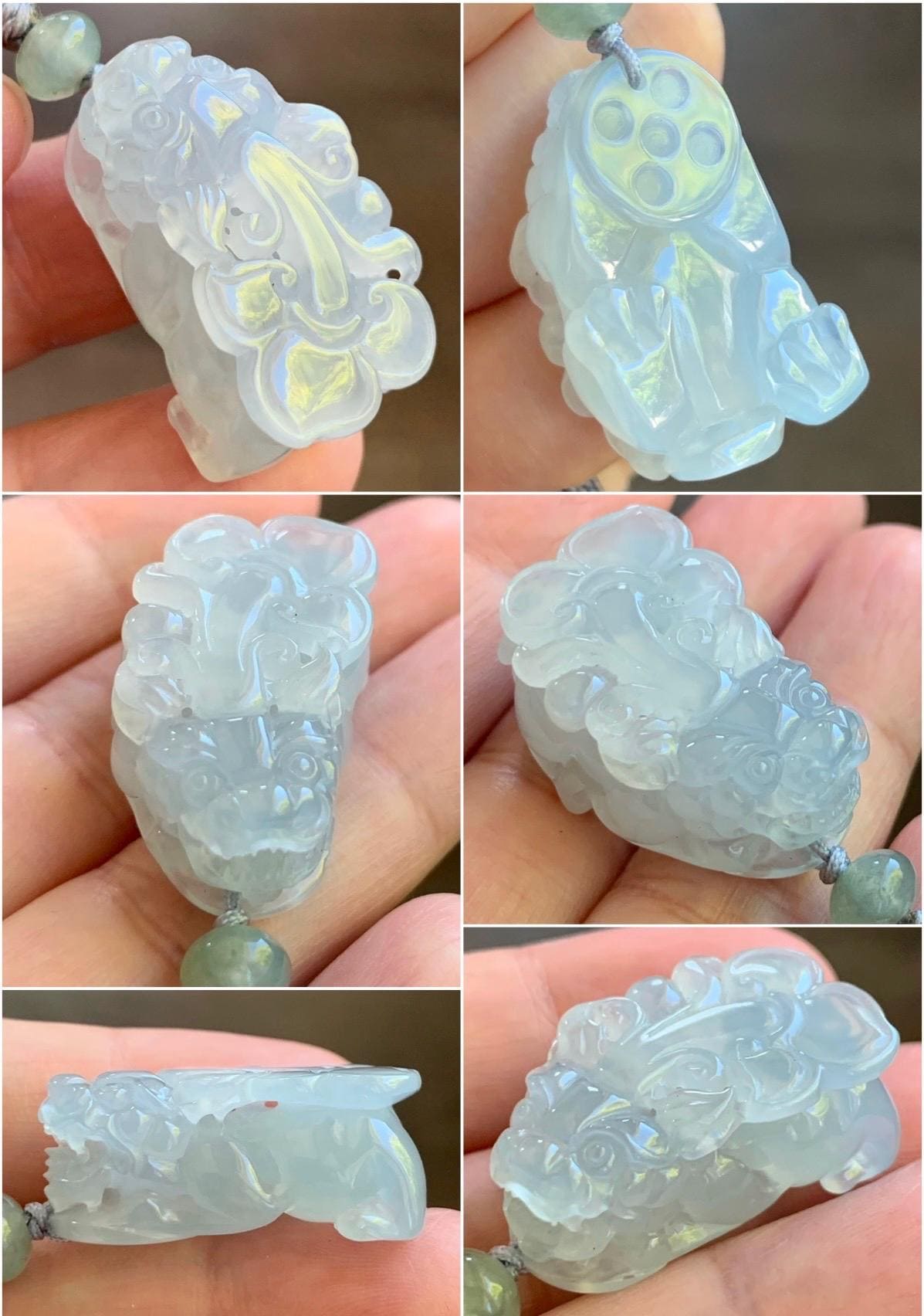 Certified Natural Burmese Premium Icy Translucent Gelatinous Light Blue Jadeite Pixiu Pendant Necklace Sterling Silver 天然缅甸老种冰胶淡蓝翡翠貔貅吊坠 6926