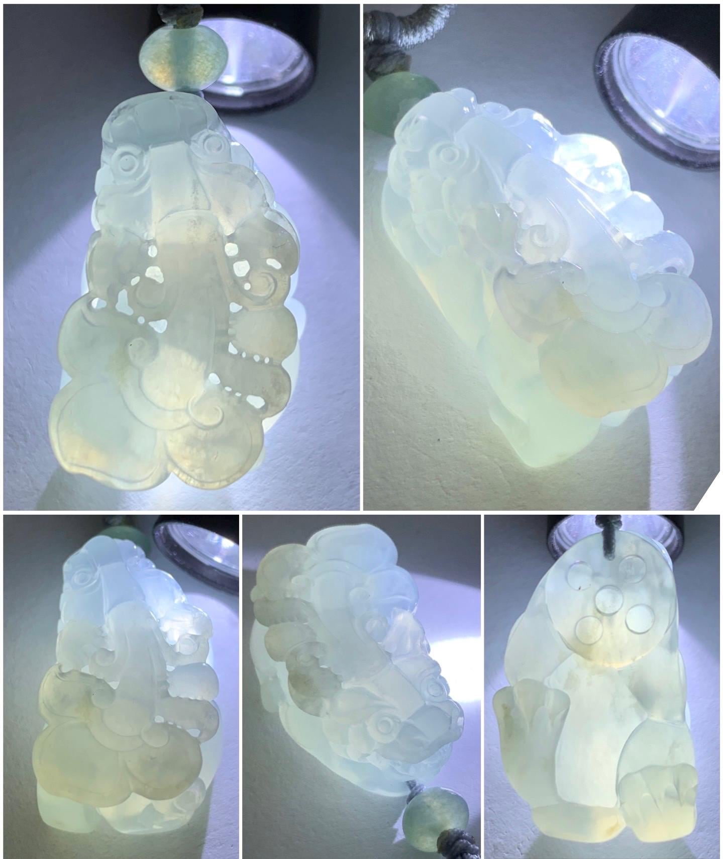 Certified Natural Burmese Premium Icy Translucent Gelatinous Light Blue Jadeite Pixiu Pendant Necklace Sterling Silver 天然缅甸老种冰胶淡蓝翡翠貔貅吊坠 6926