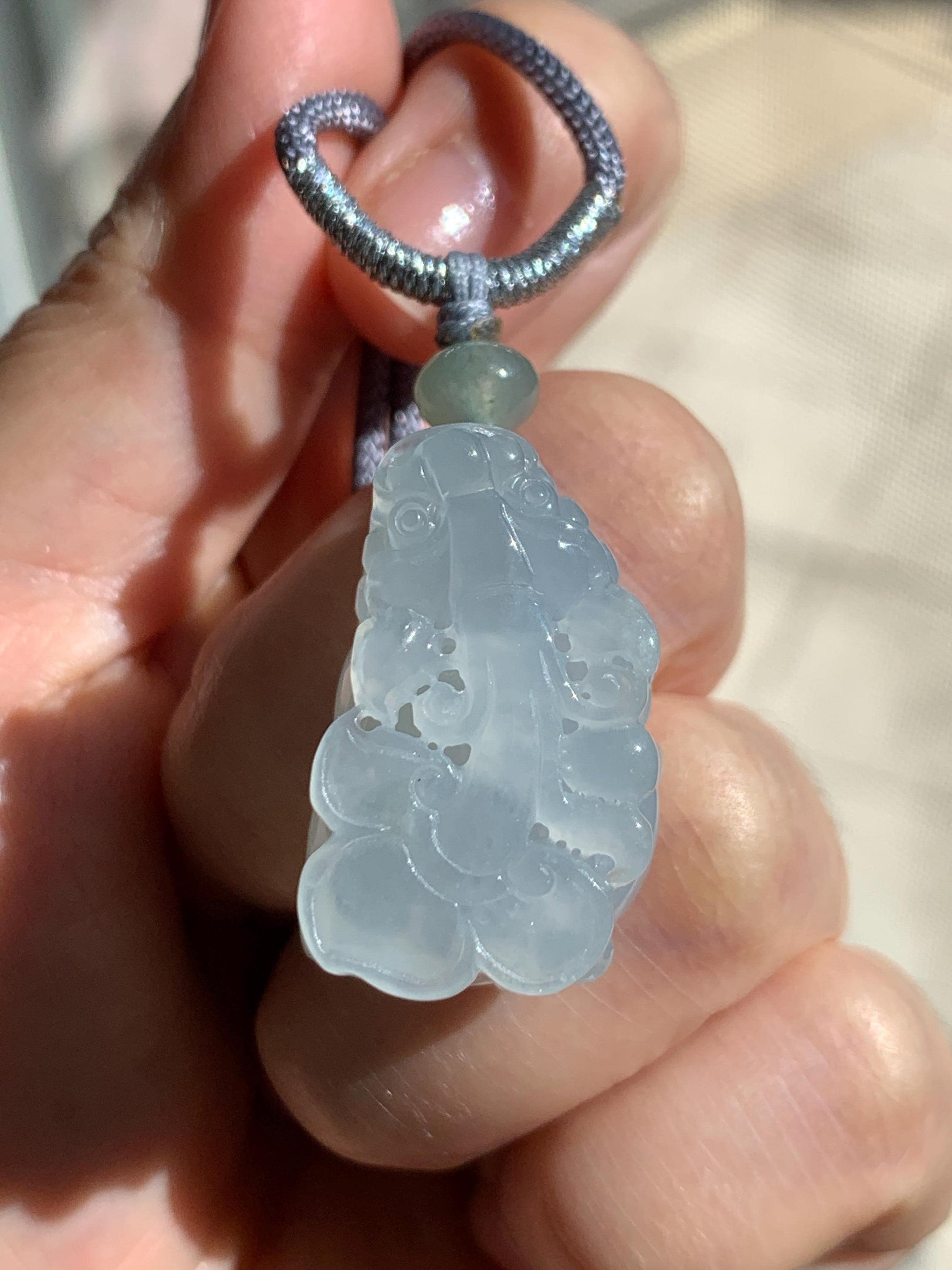 Certified Natural Burmese Premium Icy Translucent Gelatinous Light Blue Jadeite Pixiu Pendant Necklace Sterling Silver 天然缅甸老种冰胶淡蓝翡翠貔貅吊坠 6926
