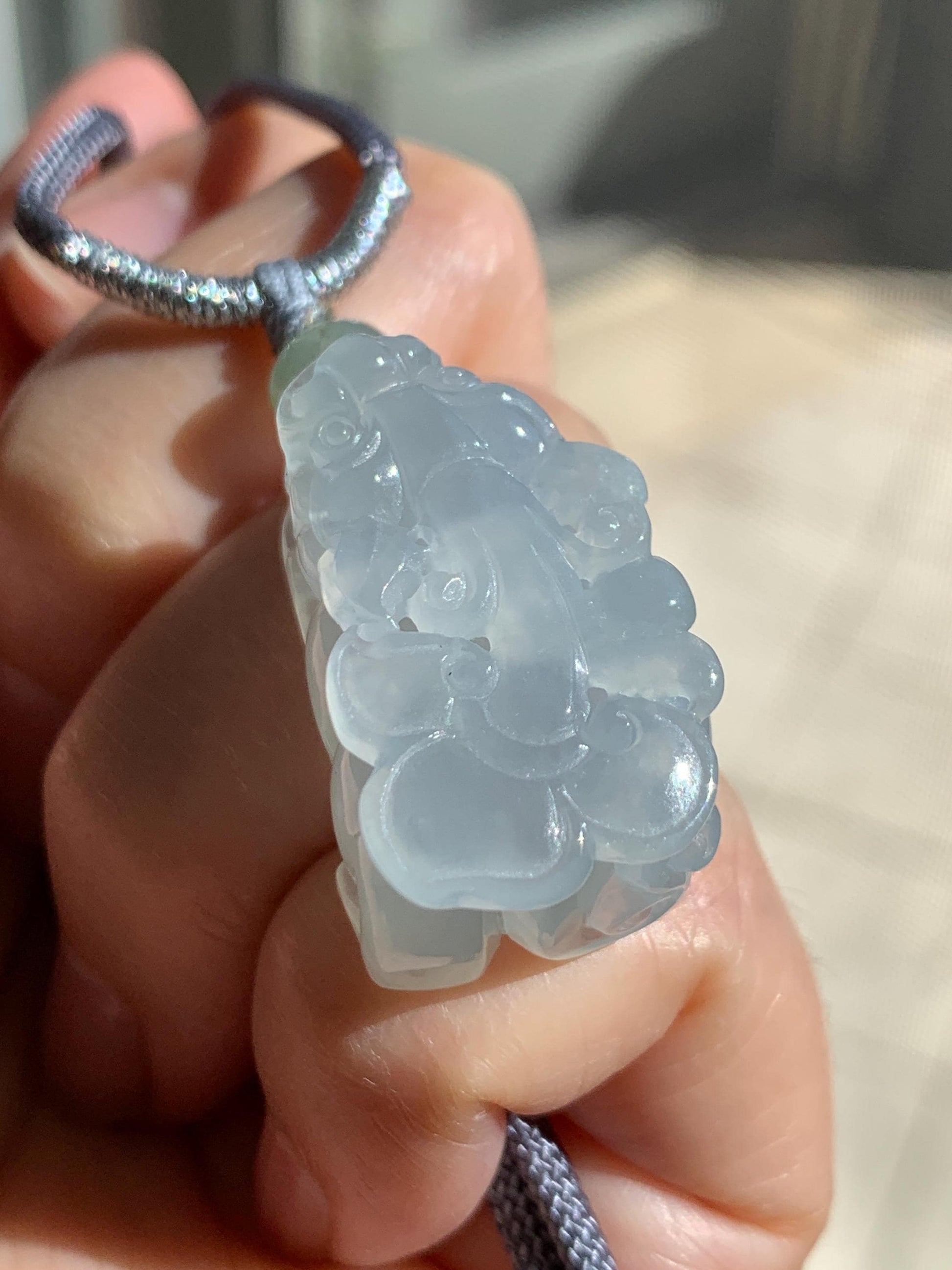 Certified Natural Burmese Premium Icy Translucent Gelatinous Light Blue Jadeite Pixiu Pendant Necklace Sterling Silver 天然缅甸老种冰胶淡蓝翡翠貔貅吊坠 6926
