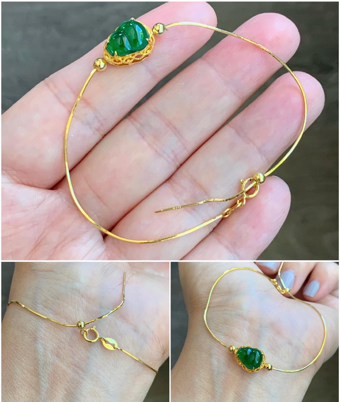 Natural Guatemalan Icy Highly Translucent Vibrant Green Gourd Hulu Jadeite Charm Chain Bracelet Sterling Silver YG Finish 7" 天然冰危绿翡翠葫芦潘多拉银手链