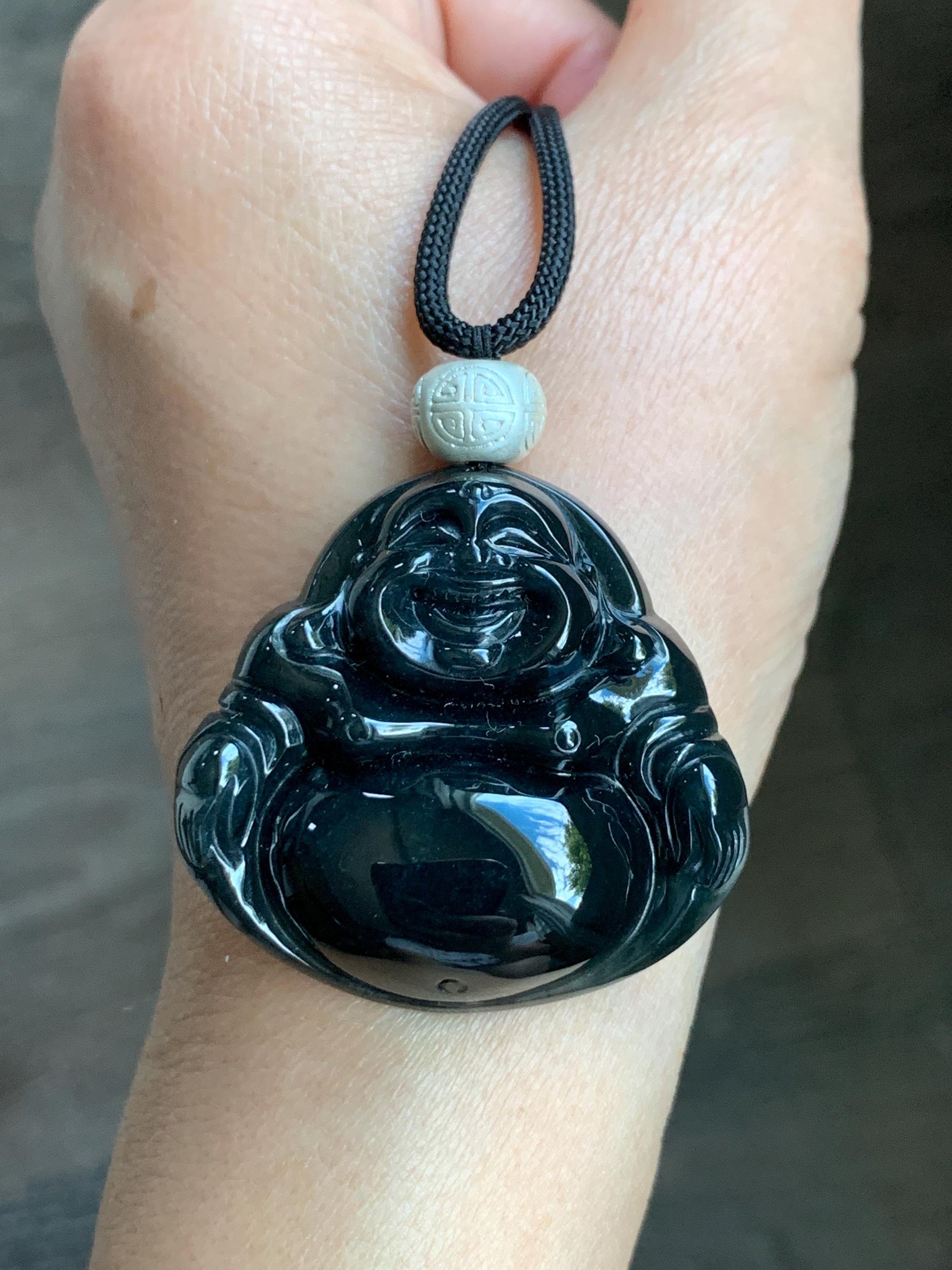 Natural Guatemalan Translucent Dark Wuji Jadeite Large Buddha Pendant Rope Necklace Sterling Silver Adjustable 33" 27g 天然冰危乌鸡翡翠大佛公吊坠