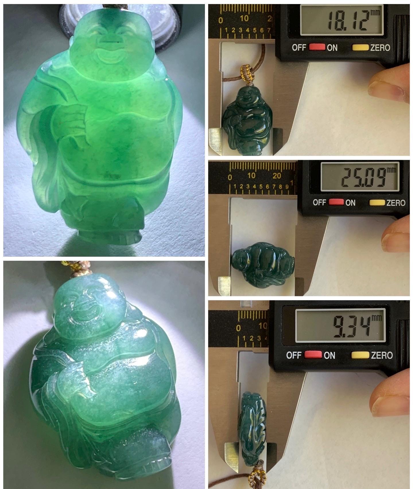 Natural Guatemalan Icy Translucent Gelatinous Dark Teal Blue Jadeite Carefree Buddha & Ruyi Pendant Rope Necklace 24” 天然冰胶危蓝水翡翠逍遥佛公吊坠