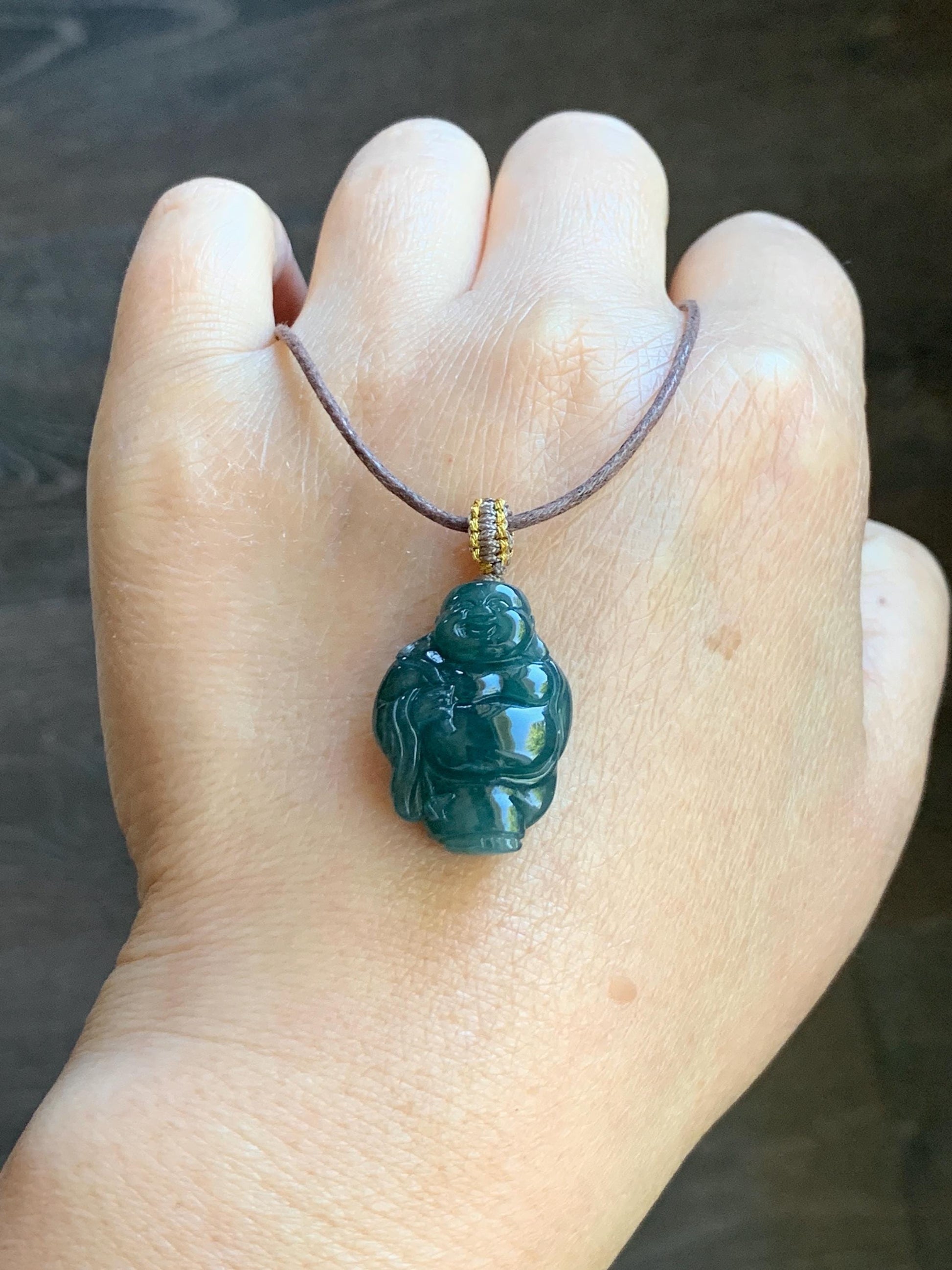 Natural Guatemalan Icy Translucent Gelatinous Dark Teal Blue Jadeite Carefree Buddha & Ruyi Pendant Rope Necklace 24” 天然冰胶危蓝水翡翠逍遥佛公吊坠