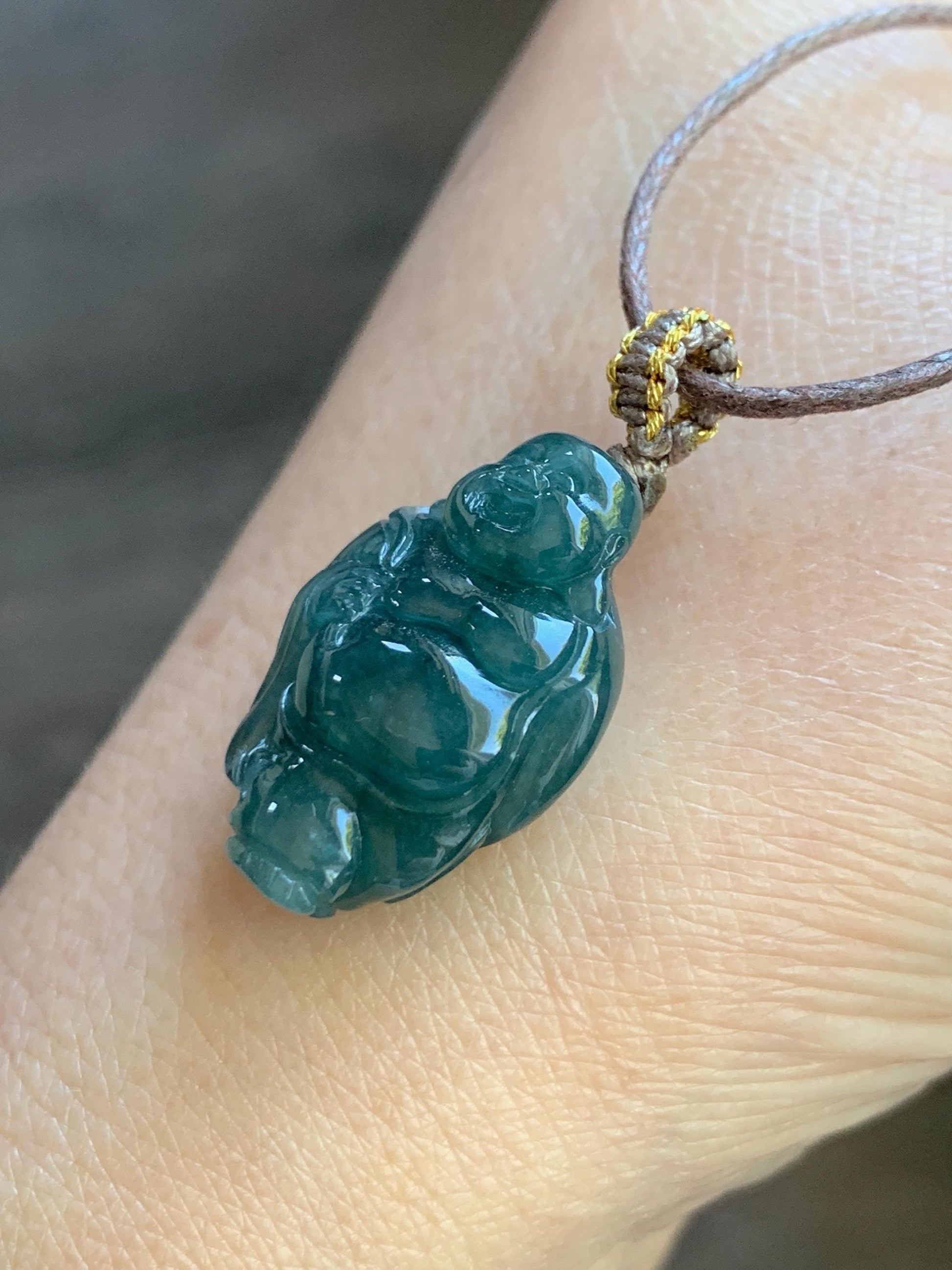 Natural Guatemalan Icy Translucent Gelatinous Dark Teal Blue Jadeite Carefree Buddha & Ruyi Pendant Rope Necklace 24” 天然冰胶危蓝水翡翠逍遥佛公吊坠