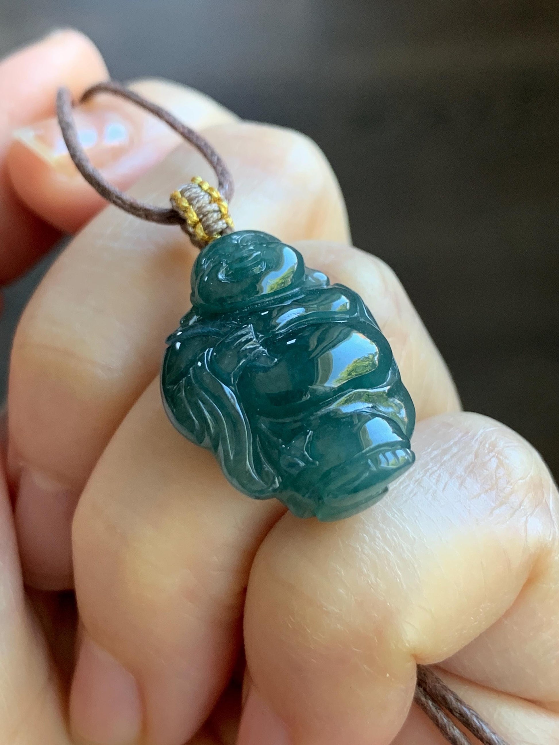 Natural Guatemalan Icy Translucent Gelatinous Dark Teal Blue Jadeite Carefree Buddha & Ruyi Pendant Rope Necklace 24” 天然冰胶危蓝水翡翠逍遥佛公吊坠