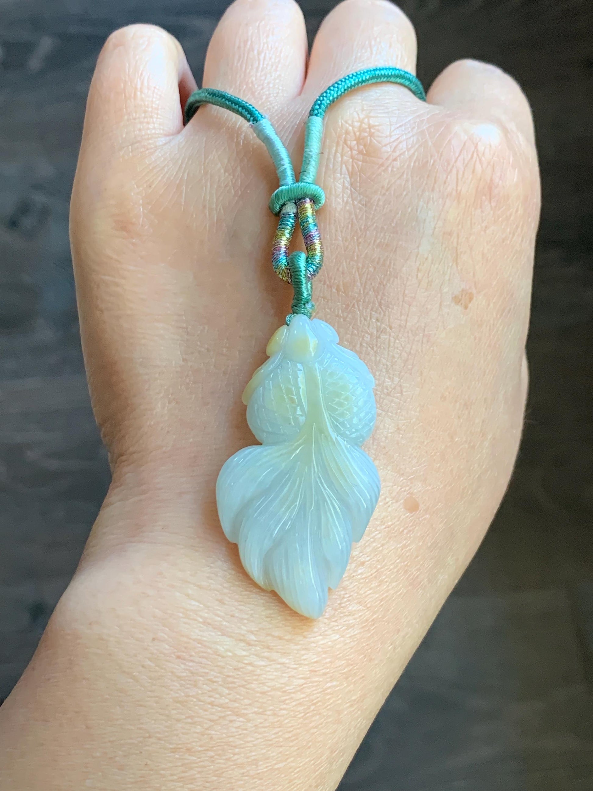 Natural Burmese Icy Translucent Light Green Jadeite w/ Yellow Marbling Carved Goldfish Pendant Rope Necklace 天然缅甸淡晴翡翠飘黄翡金鱼吊坠