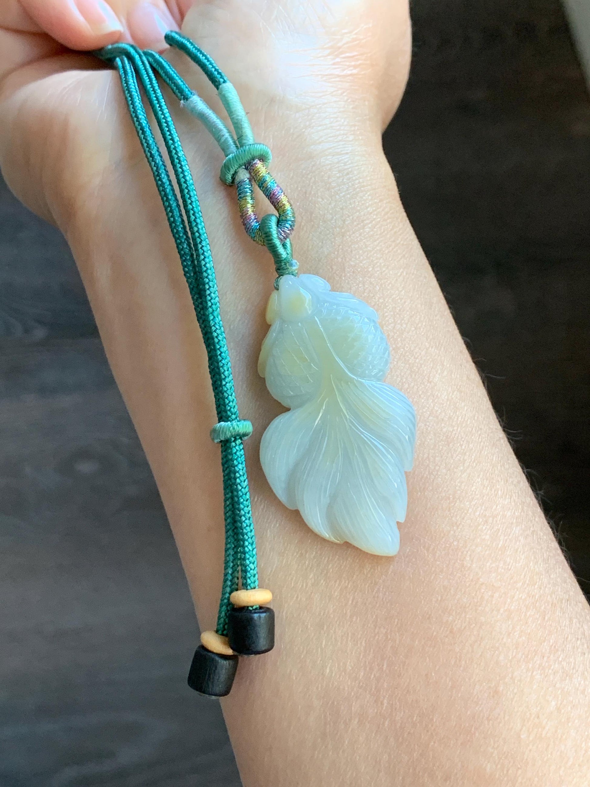 Natural Burmese Icy Translucent Light Green Jadeite w/ Yellow Marbling Carved Goldfish Pendant Rope Necklace 天然缅甸淡晴翡翠飘黄翡金鱼吊坠