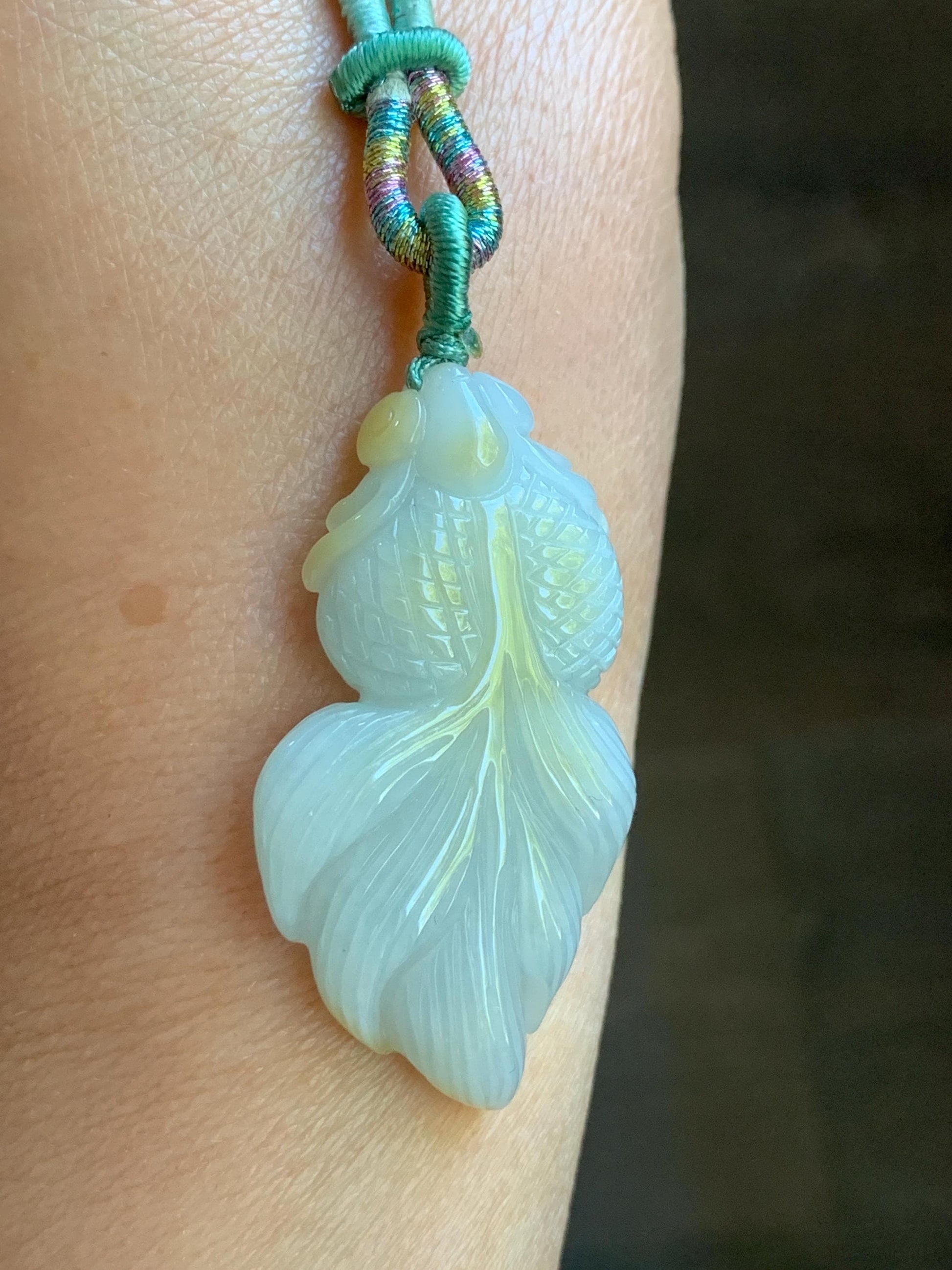 Natural Burmese Icy Translucent Light Green Jadeite w/ Yellow Marbling Carved Goldfish Pendant Rope Necklace 天然缅甸淡晴翡翠飘黄翡金鱼吊坠