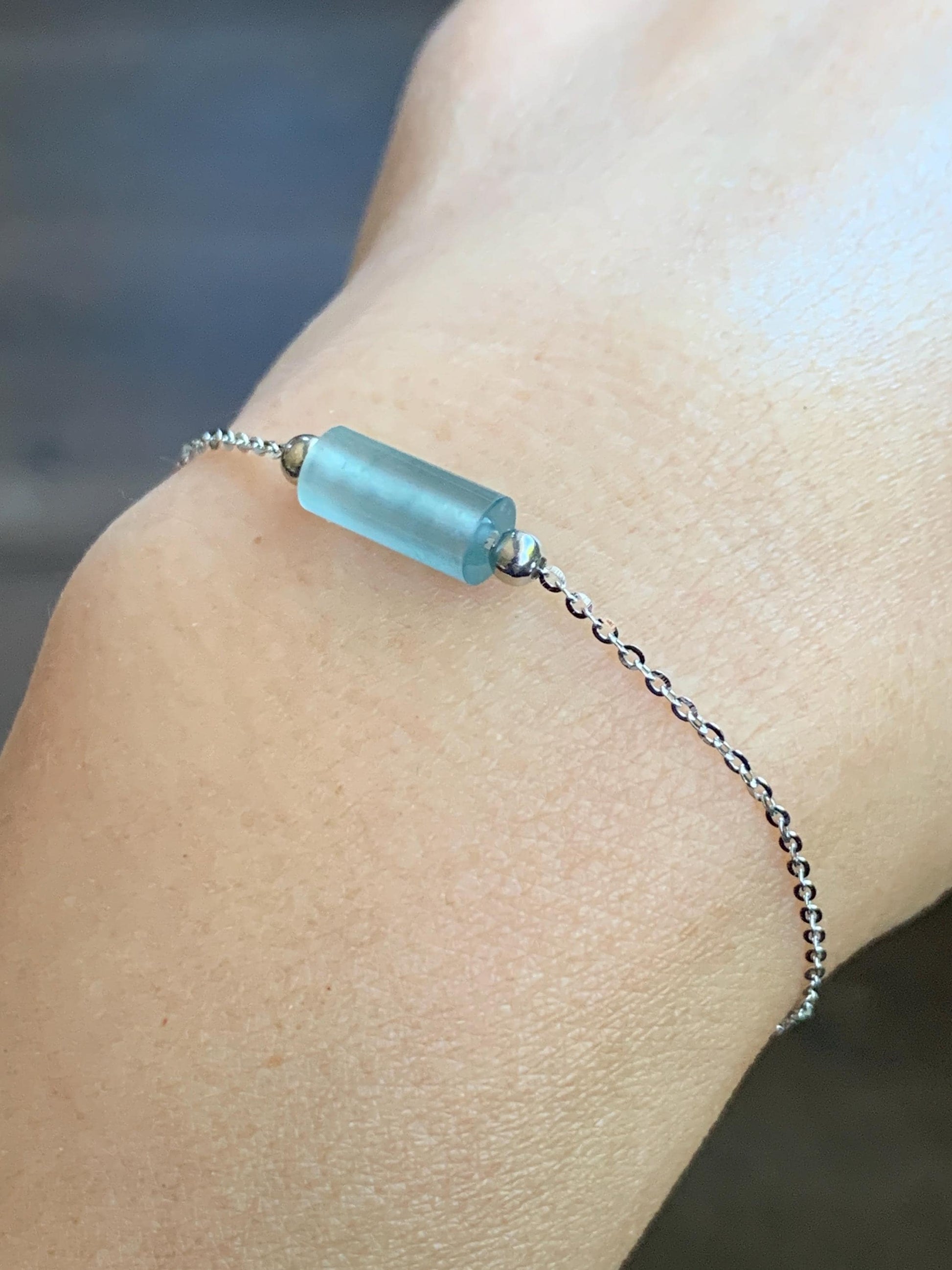 Natural Guatemalan Icy Highly Translucent Light Blue Jadeite Cylinder Bead Chain Bracelet Sterling Silver Adjustable 天然危料起冰起光淡蓝翡翠冰柱针式银手链
