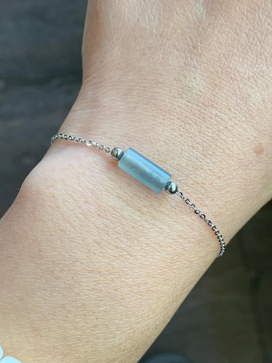 Natural Guatemalan Icy Highly Translucent Light Blue Jadeite Cylinder Bead Chain Bracelet Sterling Silver Adjustable 天然危料起冰起光淡蓝翡翠冰柱针式银手链