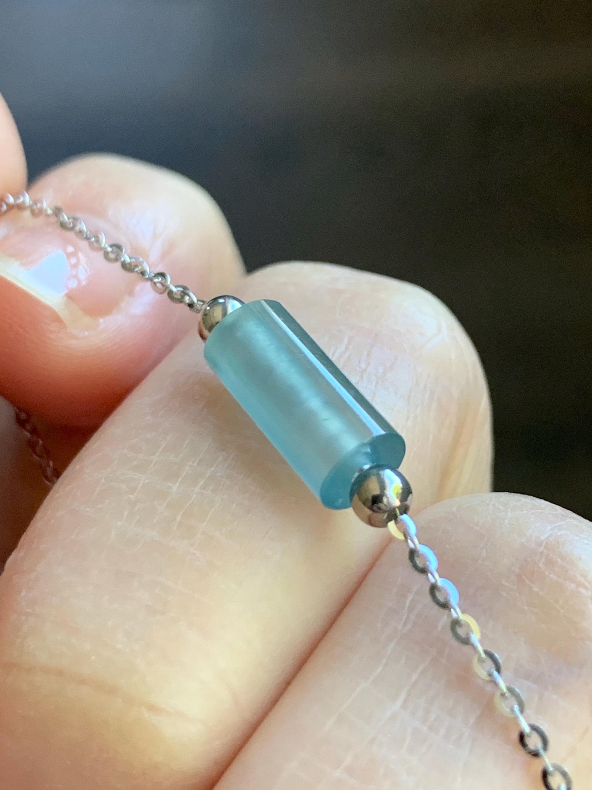 Natural Guatemalan Icy Highly Translucent Light Blue Jadeite Cylinder Bead Chain Bracelet Sterling Silver Adjustable 天然危料起冰起光淡蓝翡翠冰柱针式银手链