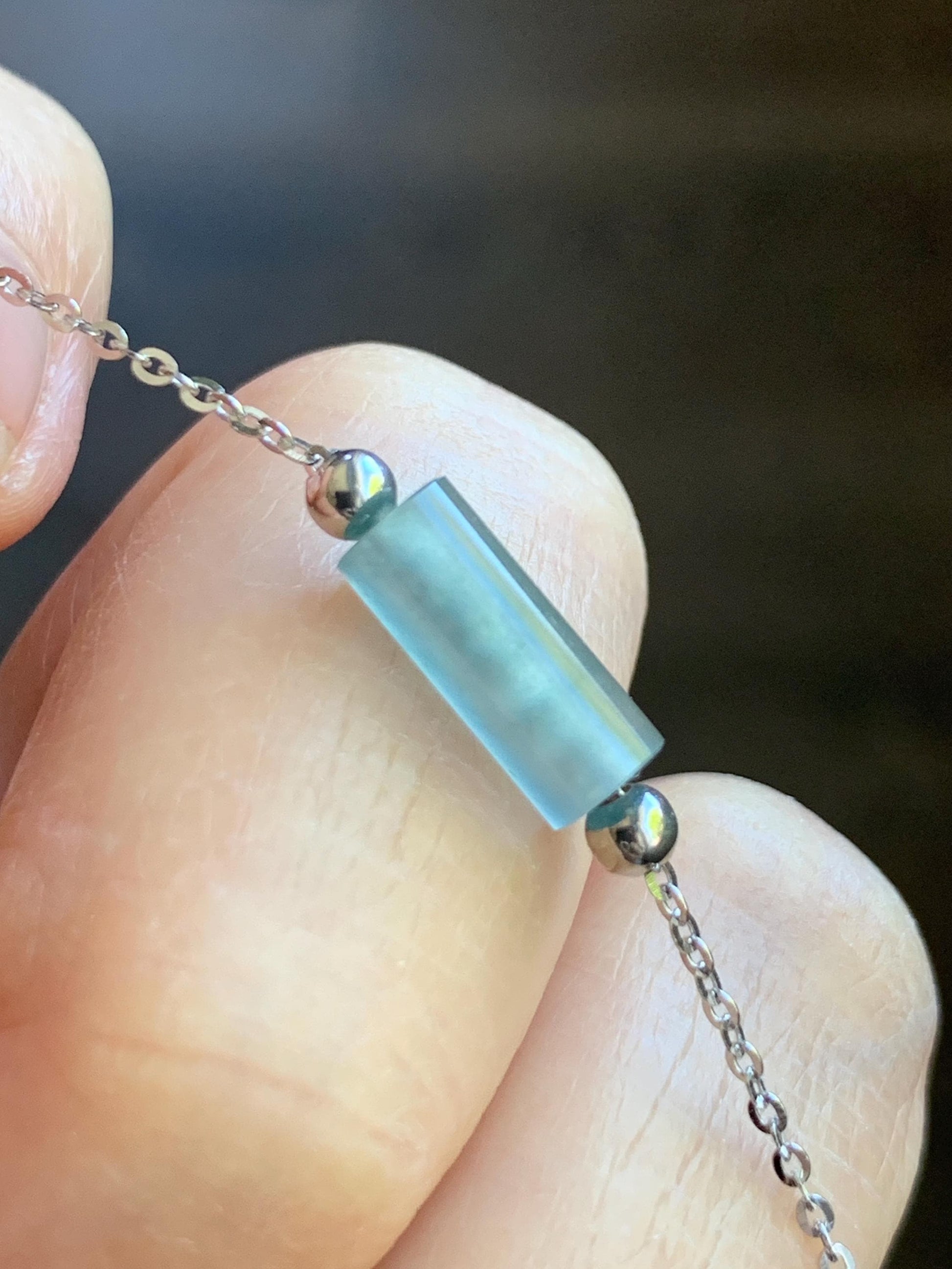 Natural Guatemalan Icy Highly Translucent Light Blue Jadeite Cylinder Bead Chain Bracelet Sterling Silver Adjustable 天然危料起冰起光淡蓝翡翠冰柱针式银手链