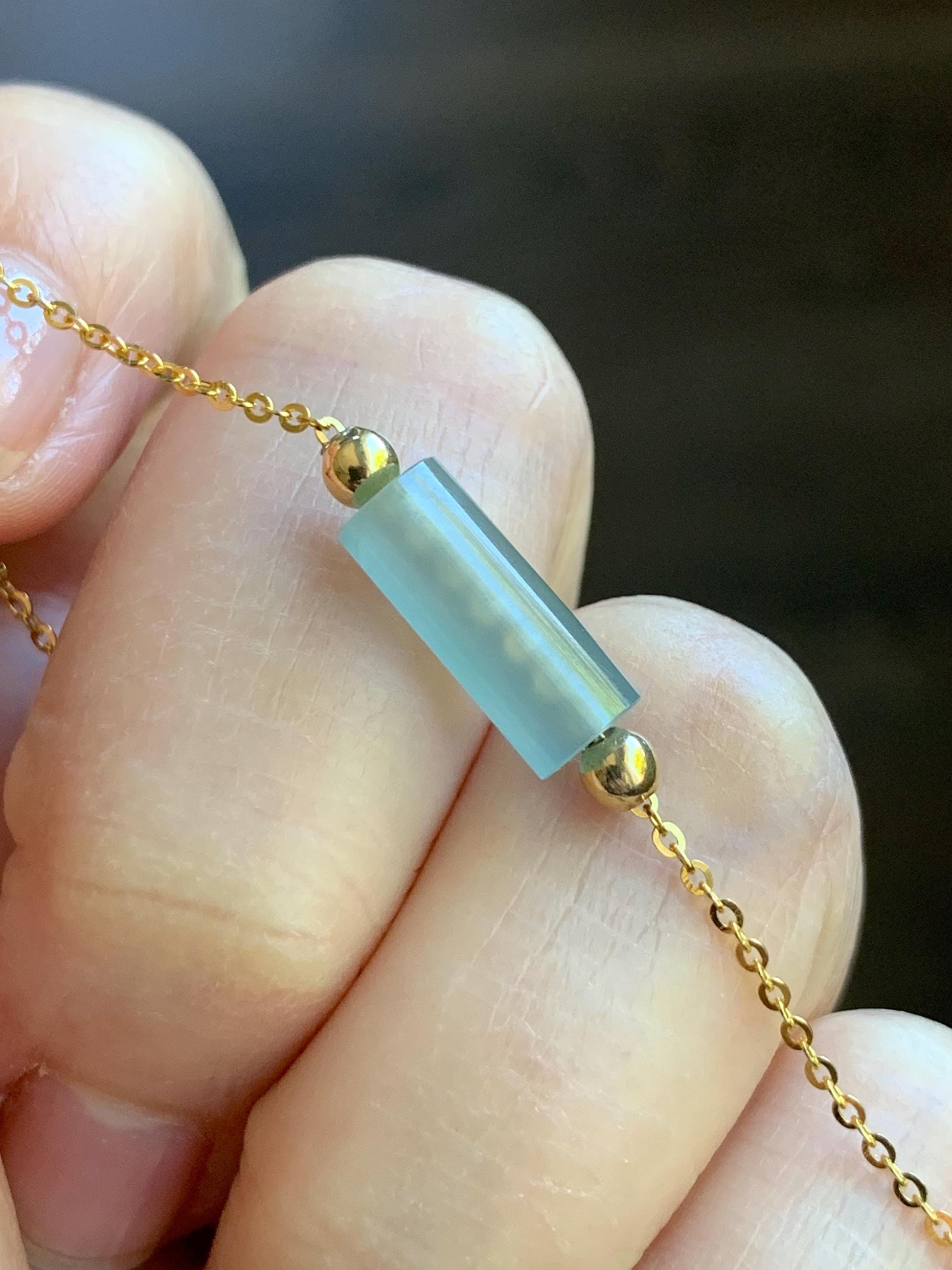 Natural Guatemalan Icy Highly Translucent Light Blue Jadeite Cylinder Bead Chain Bracelet Sterling Silver Adjustable 天然危料起冰起光淡蓝翡翠冰柱针式银手链