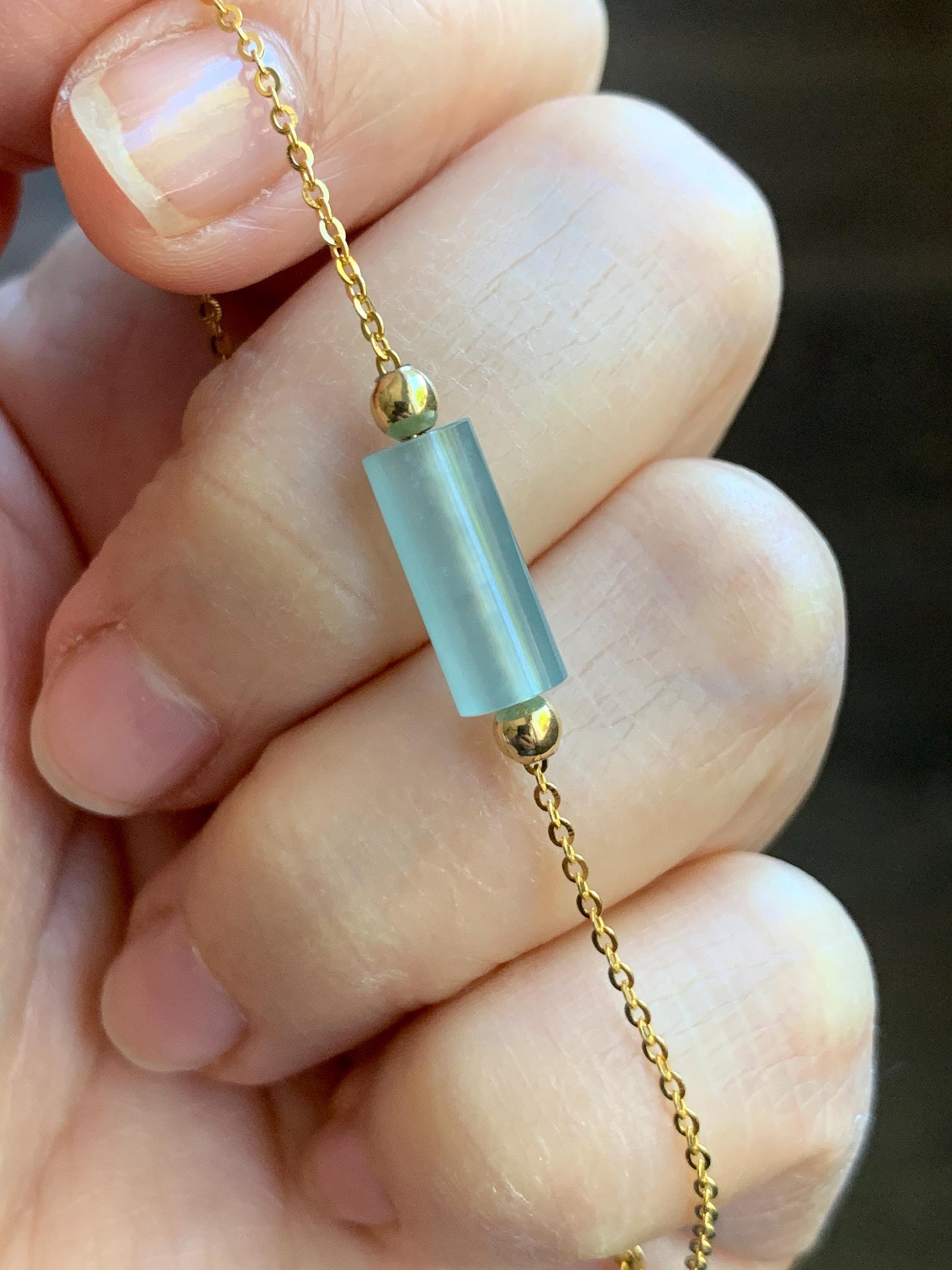 Natural Guatemalan Icy Highly Translucent Light Blue Jadeite Cylinder Bead Chain Bracelet Sterling Silver Adjustable 天然危料起冰起光淡蓝翡翠冰柱针式银手链