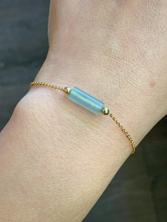 Natural Guatemalan Icy Highly Translucent Light Blue Jadeite Cylinder Bead Chain Bracelet Sterling Silver Adjustable 天然危料起冰起光淡蓝翡翠冰柱针式银手链