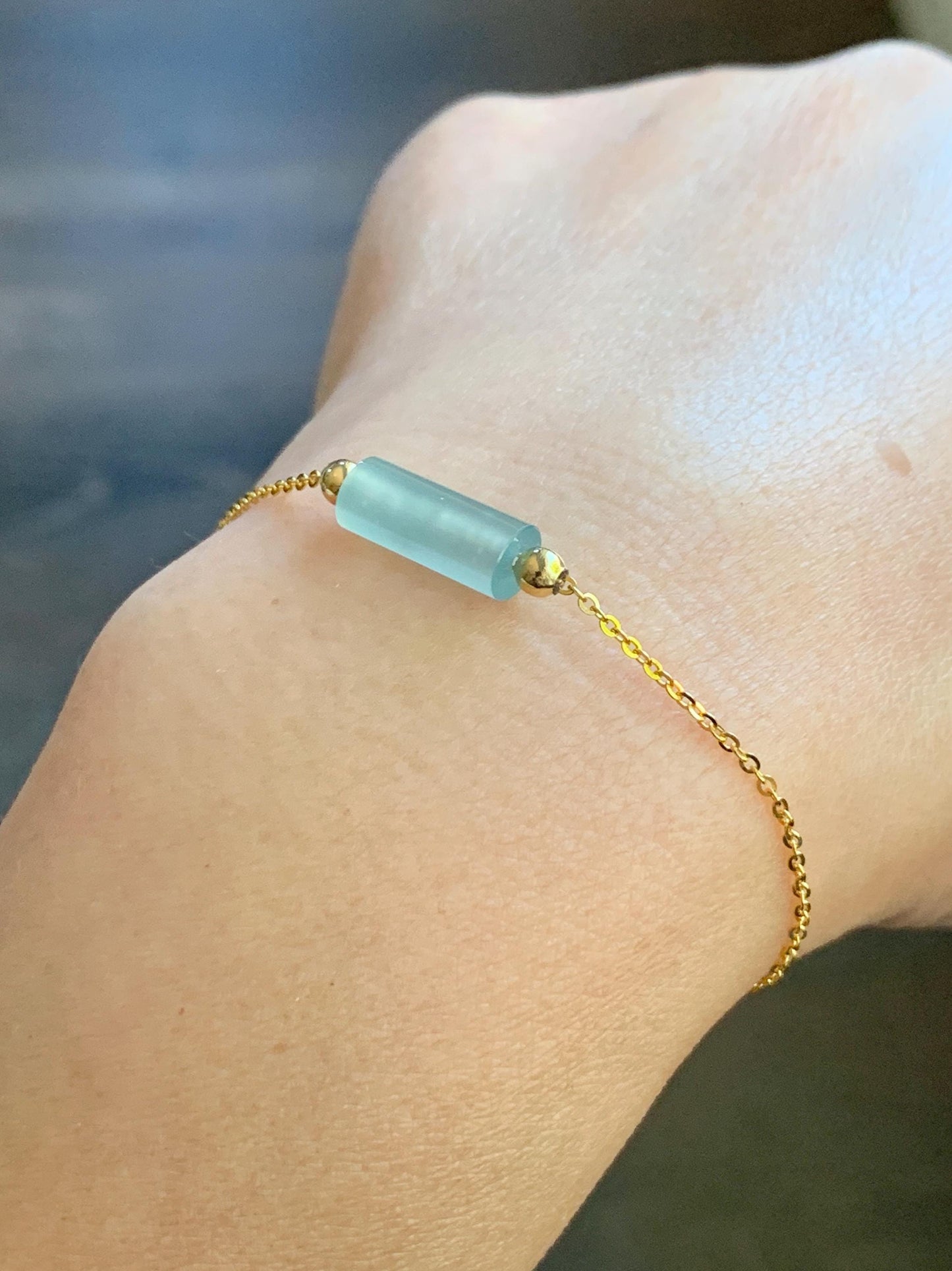 Natural Guatemalan Icy Highly Translucent Light Blue Jadeite Cylinder Bead Chain Bracelet Sterling Silver Adjustable 天然危料起冰起光淡蓝翡翠冰柱针式银手链