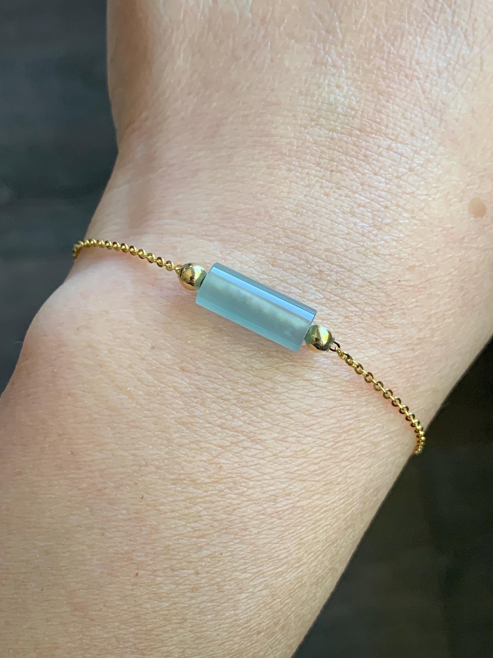 Natural Guatemalan Icy Highly Translucent Light Blue Jadeite Cylinder Bead Chain Bracelet Sterling Silver Adjustable 天然危料起冰起光淡蓝翡翠冰柱针式银手链