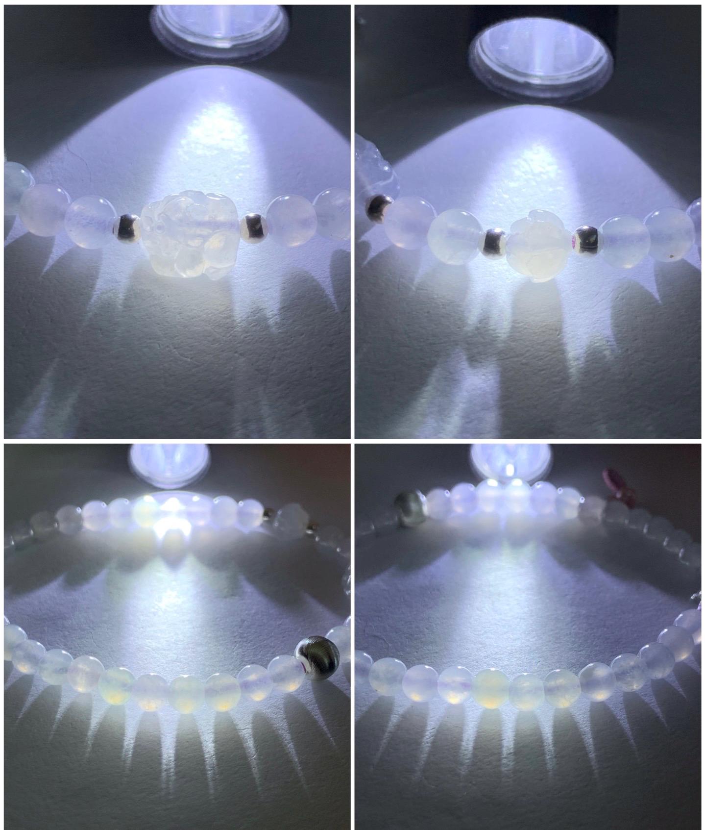 Natural Burmese Icy Highly Translucent Icy White Jadeite Pixiu Lotus Flower Beaded Bracelet Sterling Silver 6.75”-7.75” 7g 天然缅甸白冰胶翡翠貔貅莲花珠手串