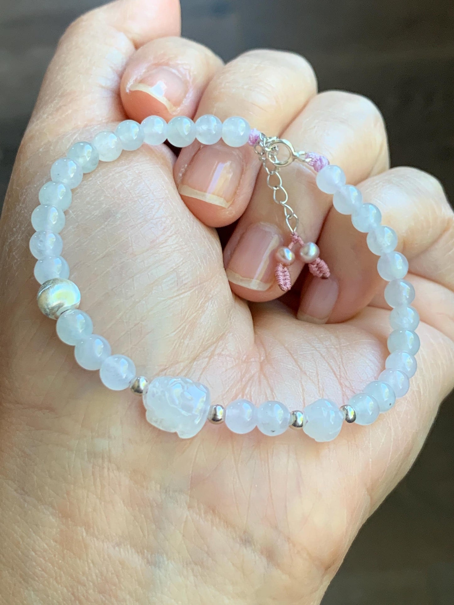 Natural Burmese Icy Highly Translucent Icy White Jadeite Pixiu Lotus Flower Beaded Bracelet Sterling Silver 6.75”-7.75” 7g 天然缅甸白冰胶翡翠貔貅莲花珠手串