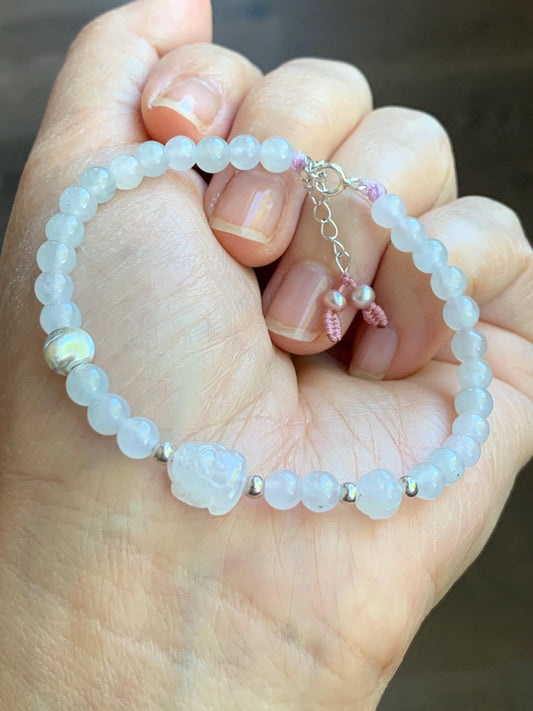 Natural Burmese Icy Highly Translucent Icy White Jadeite Pixiu Lotus Flower Beaded Bracelet Sterling Silver 6.75”-7.75” 7g 天然缅甸白冰胶翡翠貔貅莲花珠手串