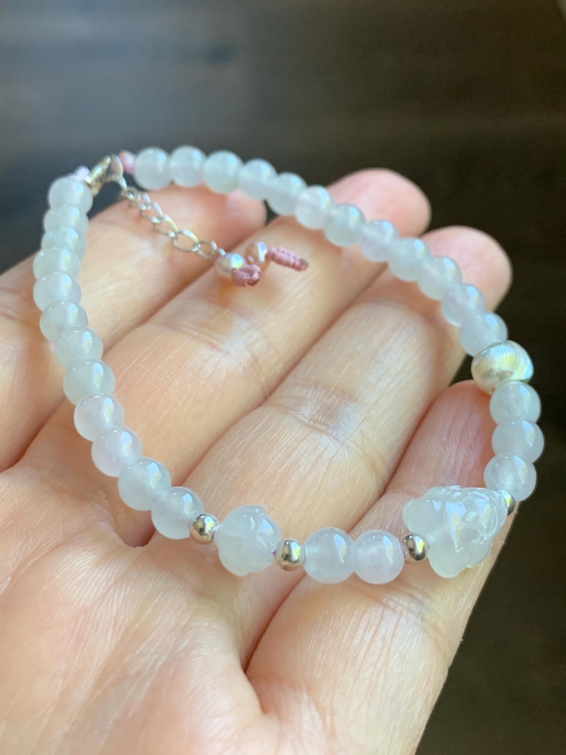 Natural Burmese Icy Highly Translucent Icy White Jadeite Pixiu Lotus Flower Beaded Bracelet Sterling Silver 6.75”-7.75” 7g 天然缅甸白冰胶翡翠貔貅莲花珠手串