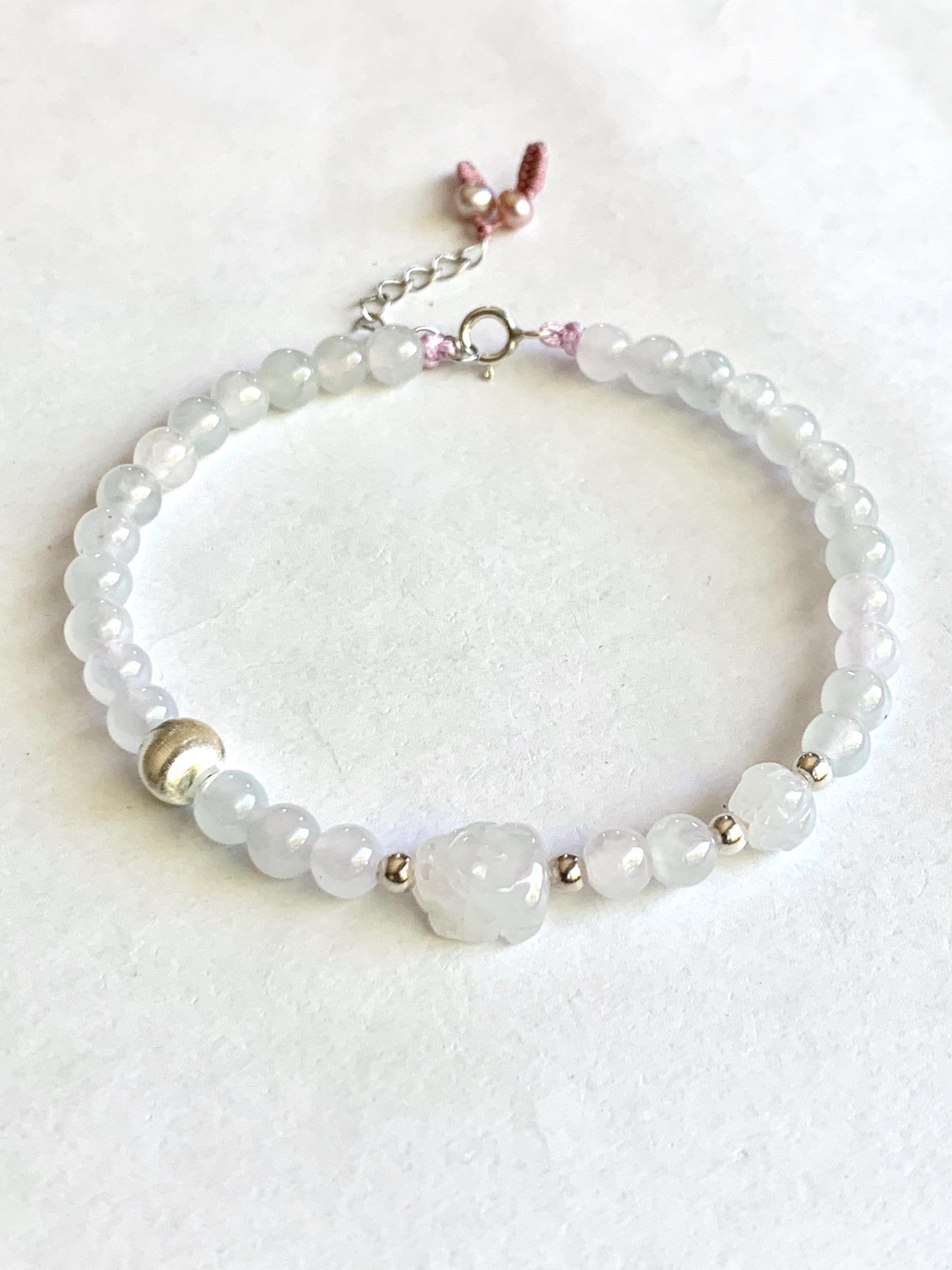 Natural Burmese Icy Highly Translucent Icy White Jadeite Pixiu Lotus Flower Beaded Bracelet Sterling Silver 6.75”-7.75” 7g 天然缅甸白冰胶翡翠貔貅莲花珠手串