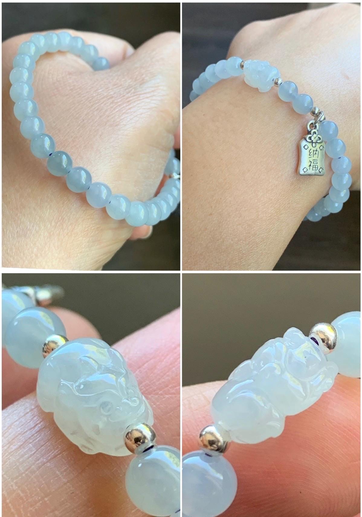 Natural Burmese Icy Highly Translucent Gelatinous Light Blue Jadeite Pixiu Beaded Bracelet Sterling Silver 5.8mm 7” 12g 天然缅甸冰胶淡蓝底翡翠貔貅手串