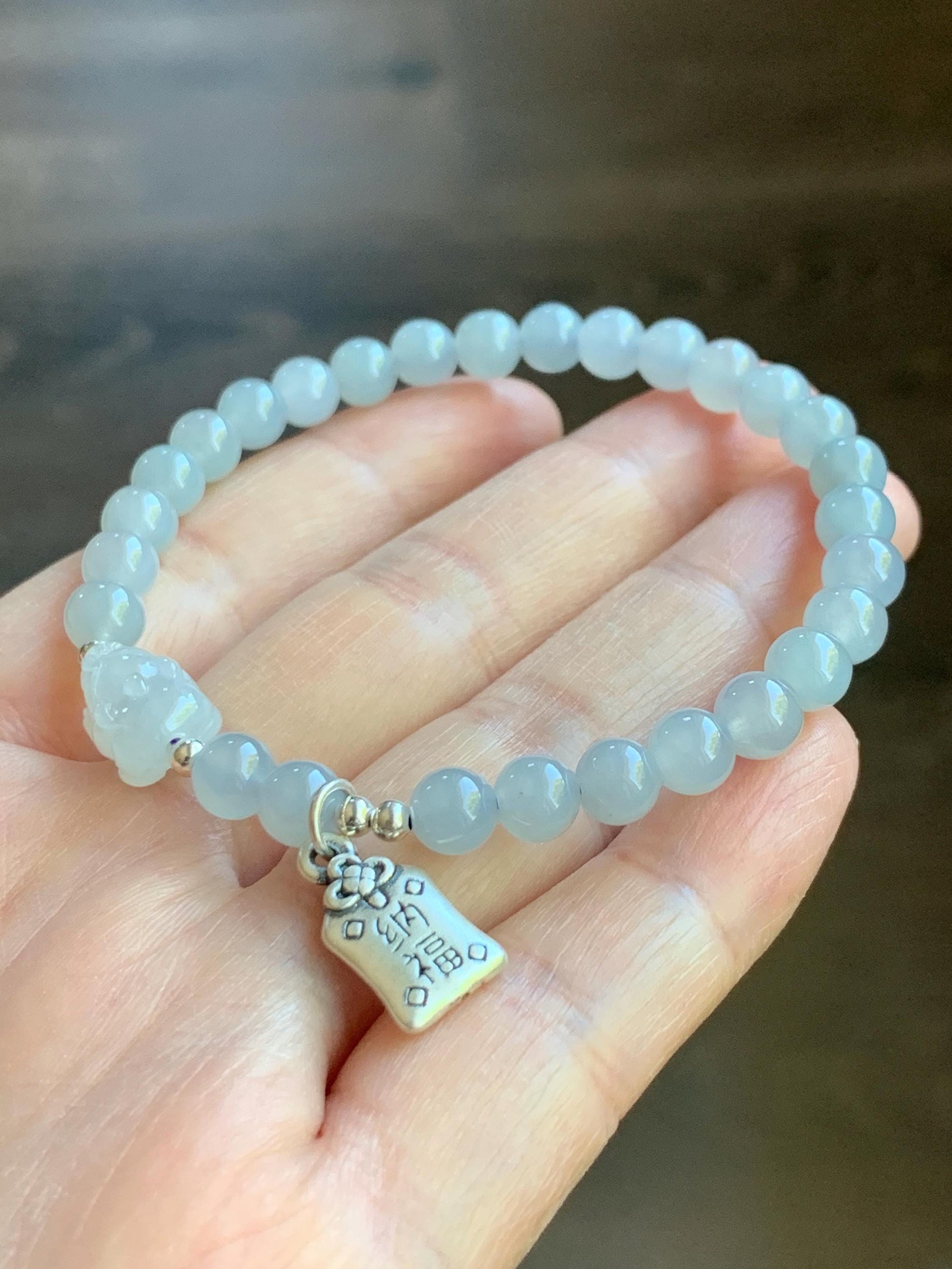 Natural Burmese Icy Highly Translucent Gelatinous Light Blue Jadeite Pixiu Beaded Bracelet Sterling Silver 5.8mm 7” 12g 天然缅甸冰胶淡蓝底翡翠貔貅手串