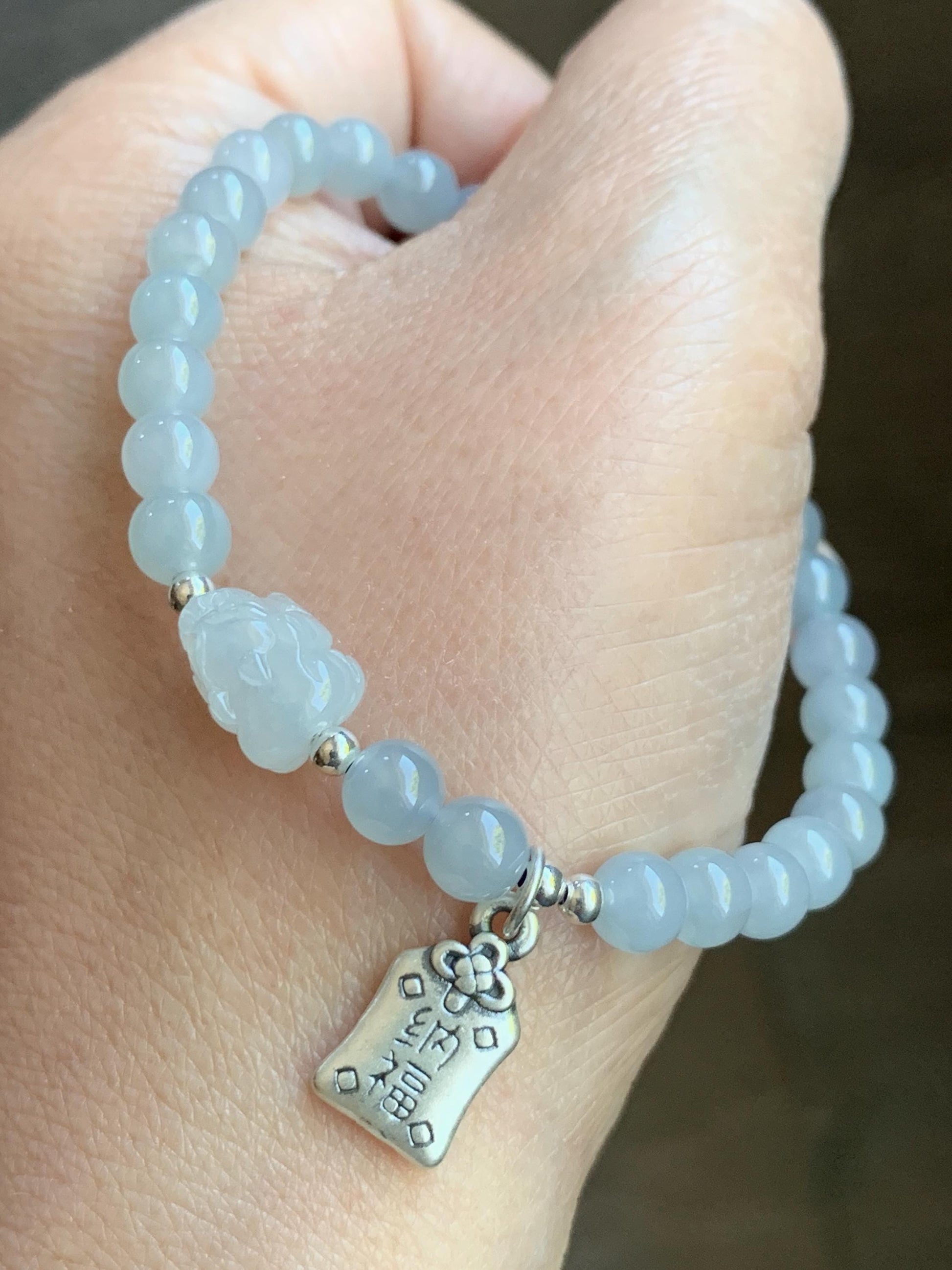 Natural Burmese Icy Highly Translucent Gelatinous Light Blue Jadeite Pixiu Beaded Bracelet Sterling Silver 5.8mm 7” 12g 天然缅甸冰胶淡蓝底翡翠貔貅手串