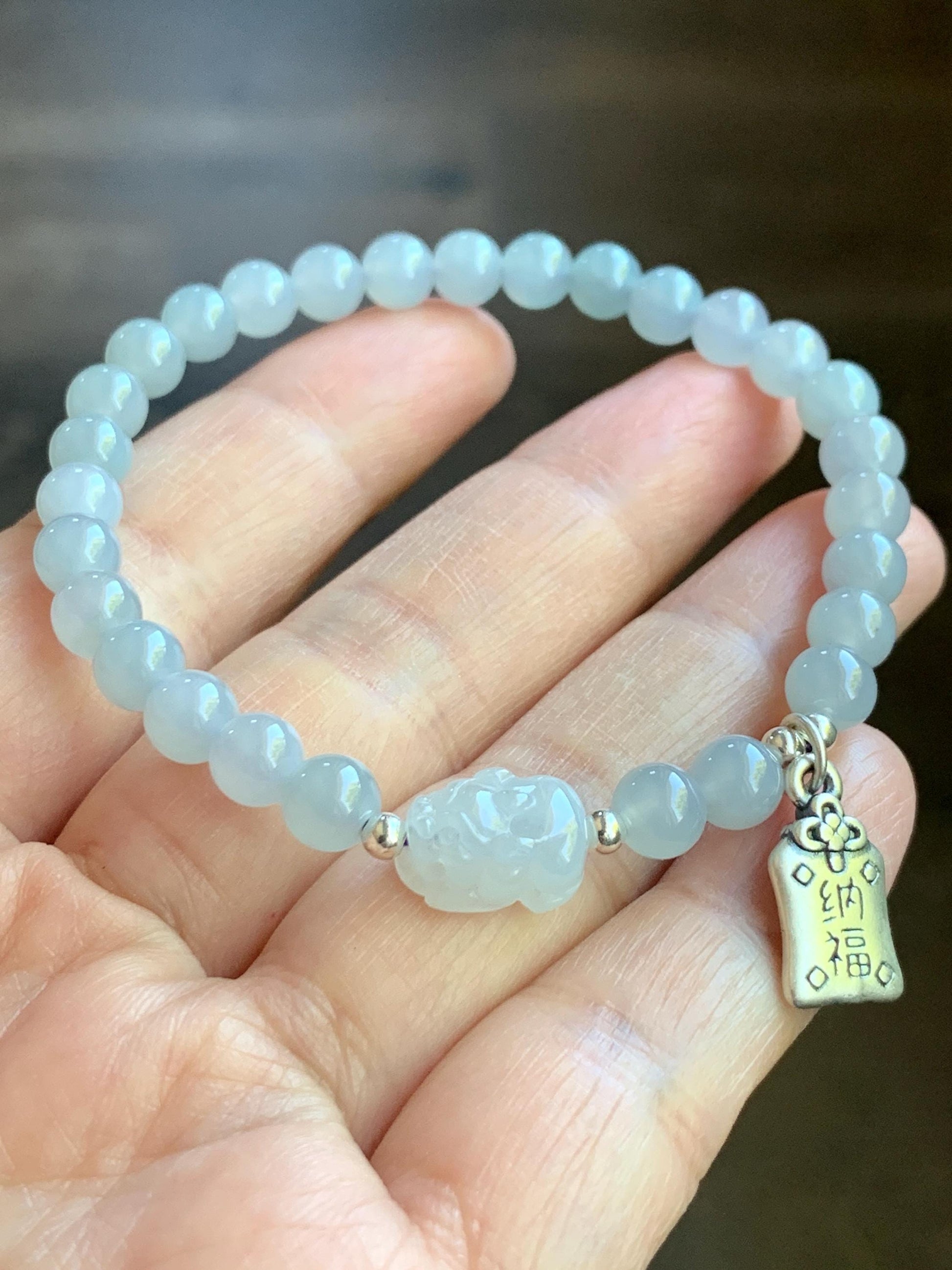 Natural Burmese Icy Highly Translucent Gelatinous Light Blue Jadeite Pixiu Beaded Bracelet Sterling Silver 5.8mm 7” 12g 天然缅甸冰胶淡蓝底翡翠貔貅手串