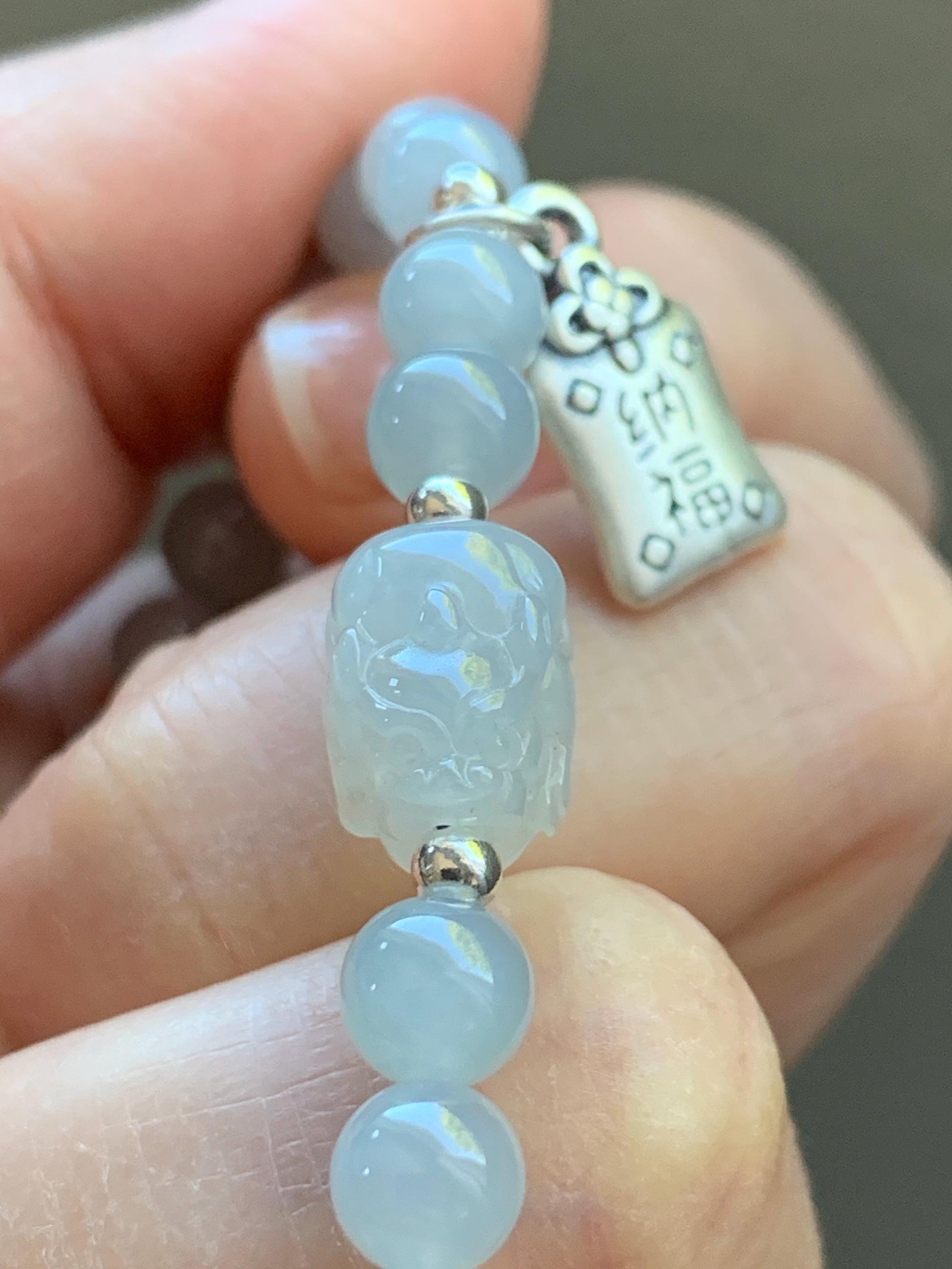 Natural Burmese Icy Highly Translucent Gelatinous Light Blue Jadeite Pixiu Beaded Bracelet Sterling Silver 5.8mm 7” 12g 天然缅甸冰胶淡蓝底翡翠貔貅手串